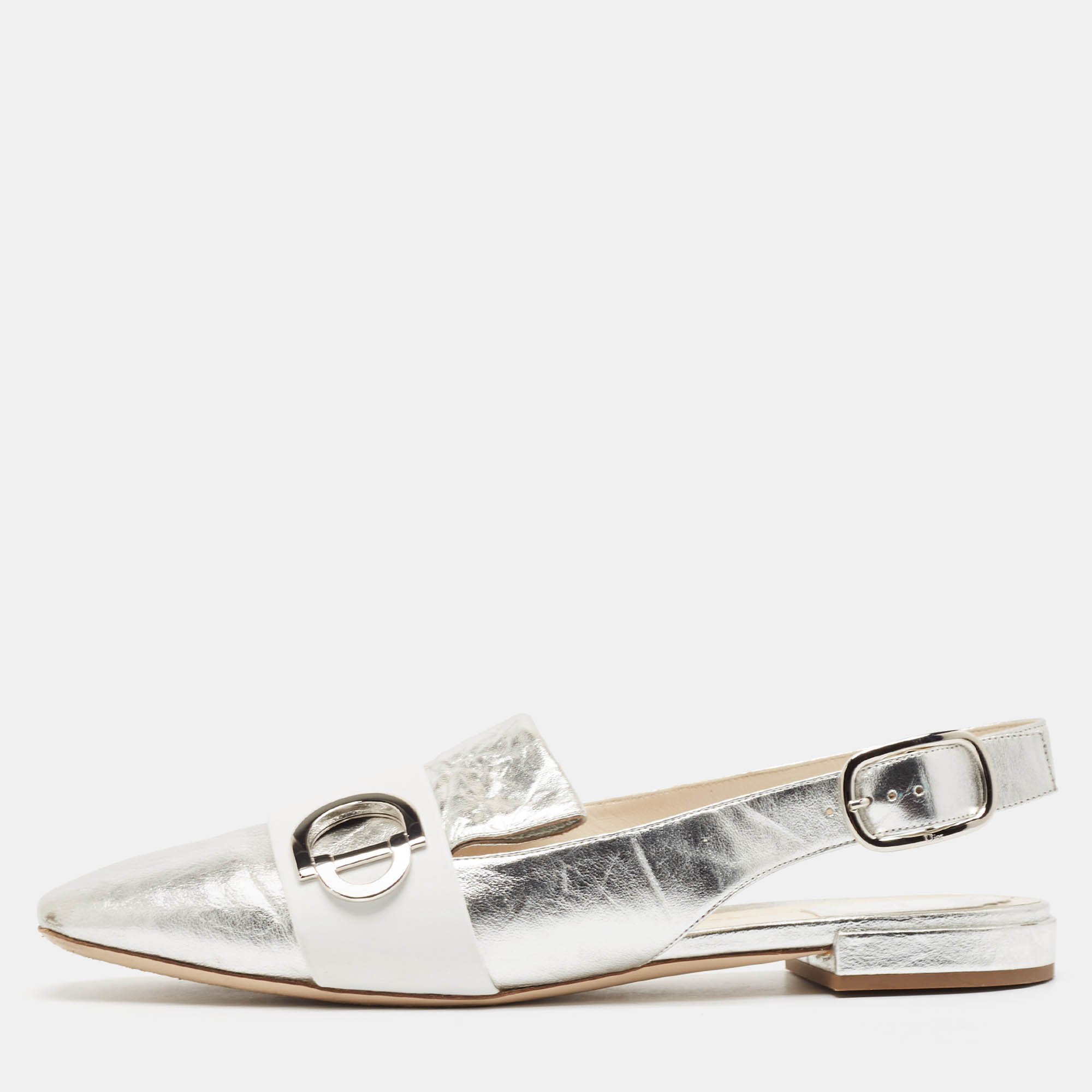 

Dior Silver Leather Slingback Flat Sandals Size