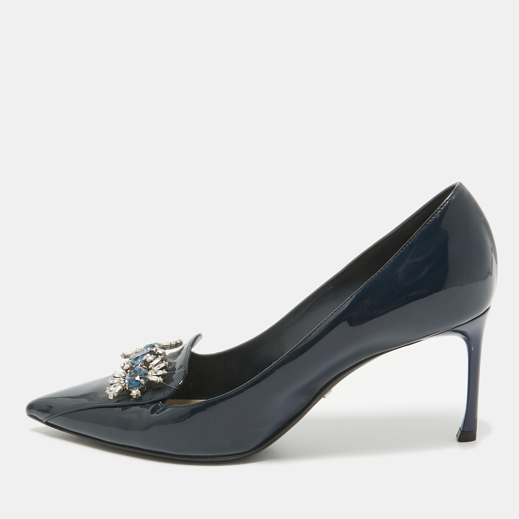 

Dior Navy Blue Patent Leather Dianeme Crystals Pointed Toe Pumps Size