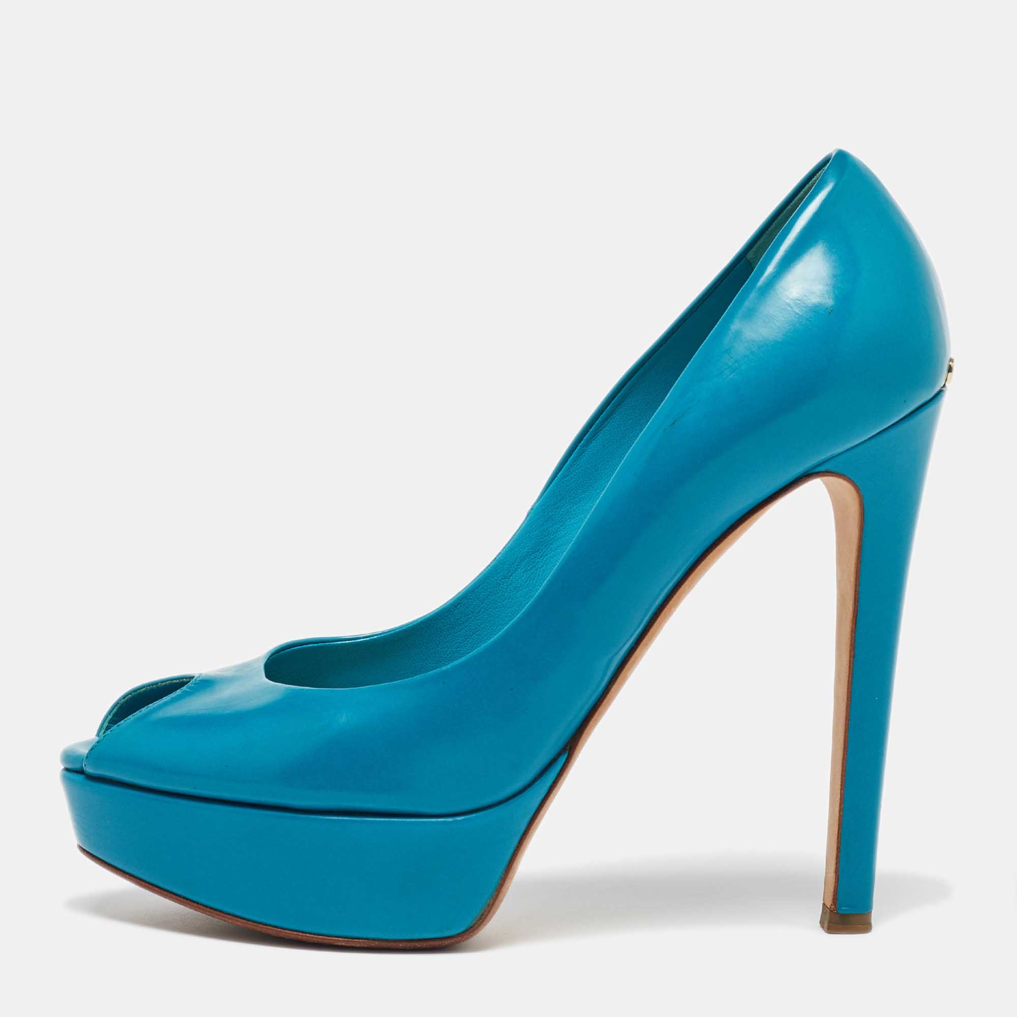 

Dior Blue Patent Leather Miss Dior Peep Toe Platform Pumps Size