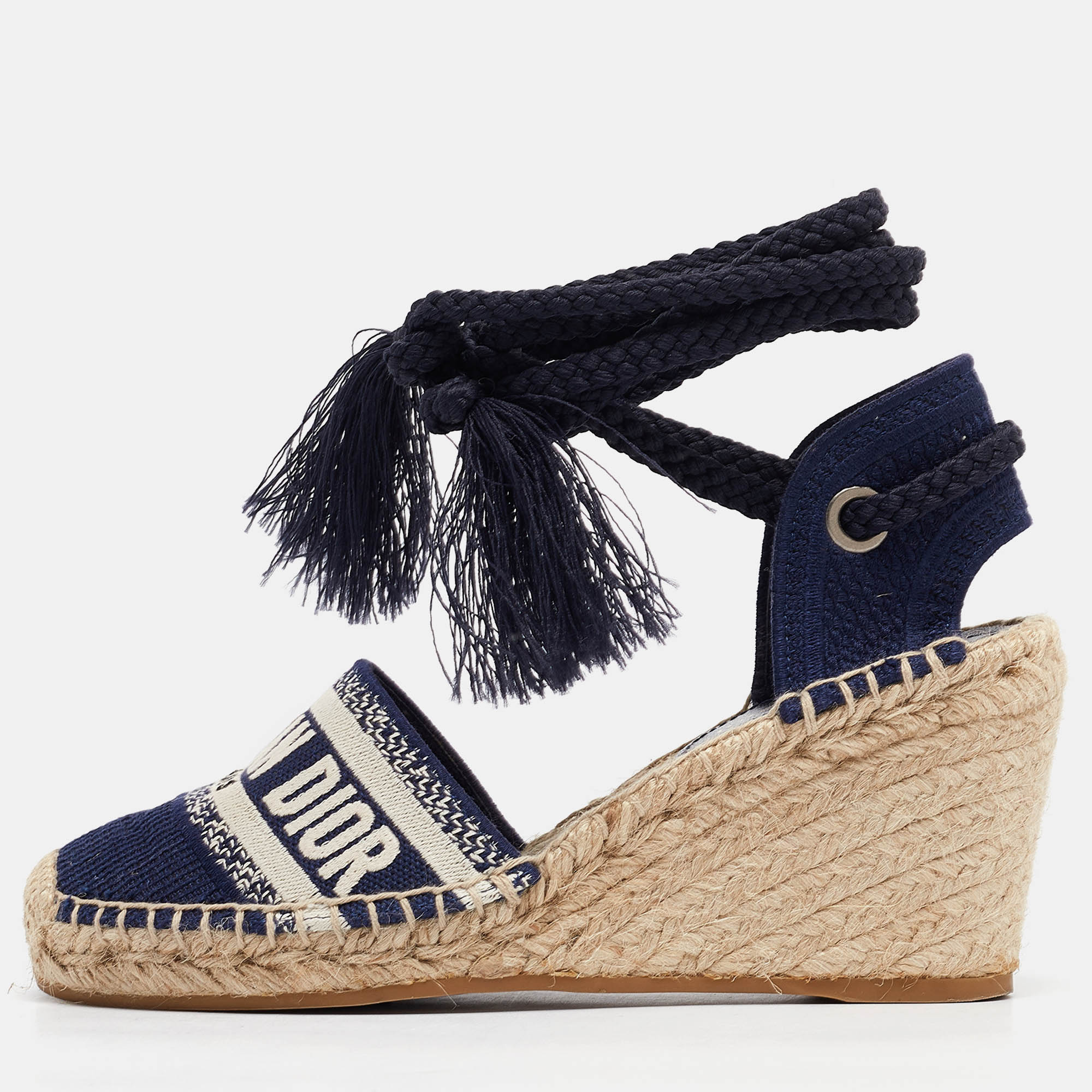 

Dior Navy Blue Canvas and Knit Fabric Granville Wedge Sandals Size