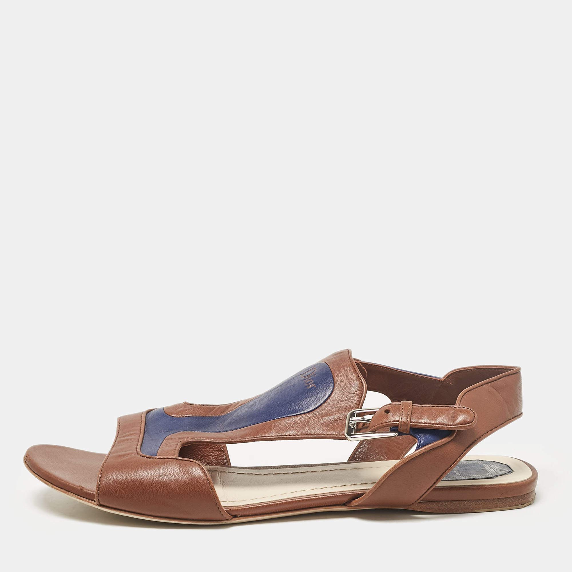 

Dior Brown/Blue Leather Ankle Strap Flat Sandals Size