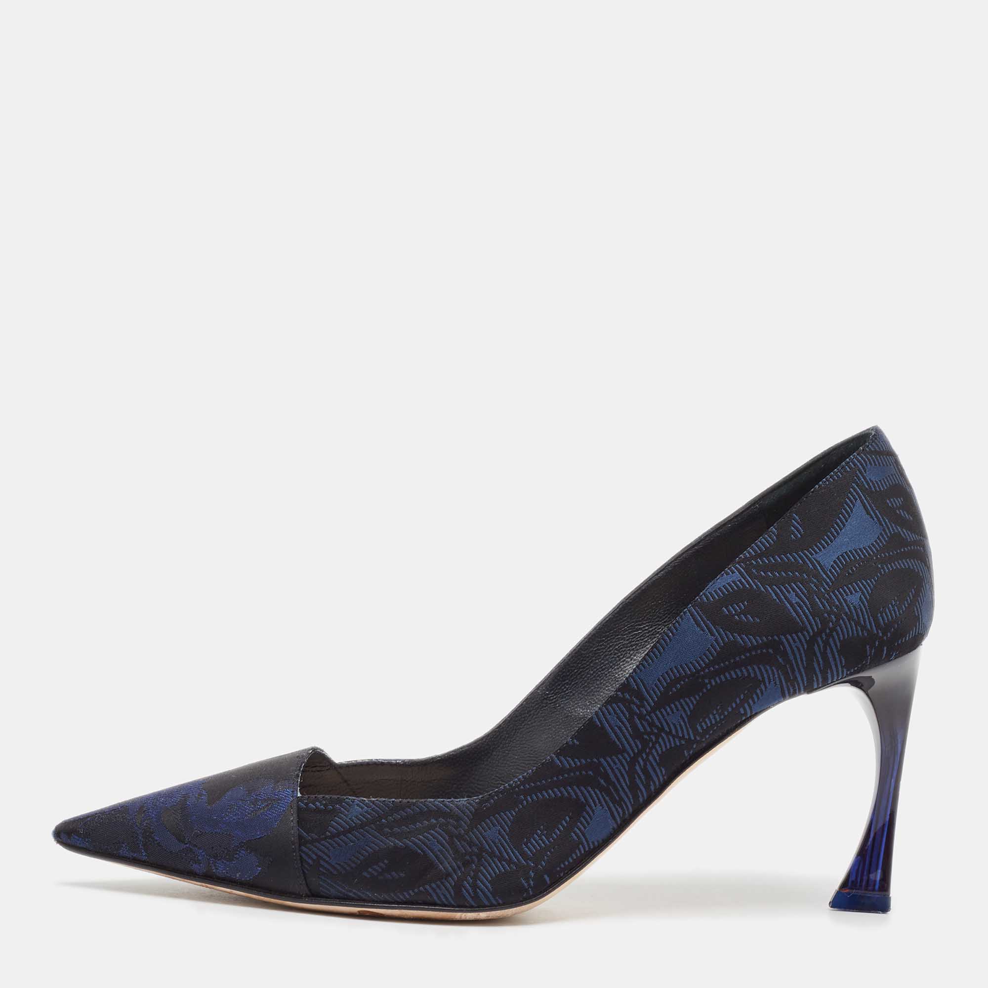 Pre-owned Dior Navy Blue/black Printed Fabric Pointed Toe Pumps Size 35.5