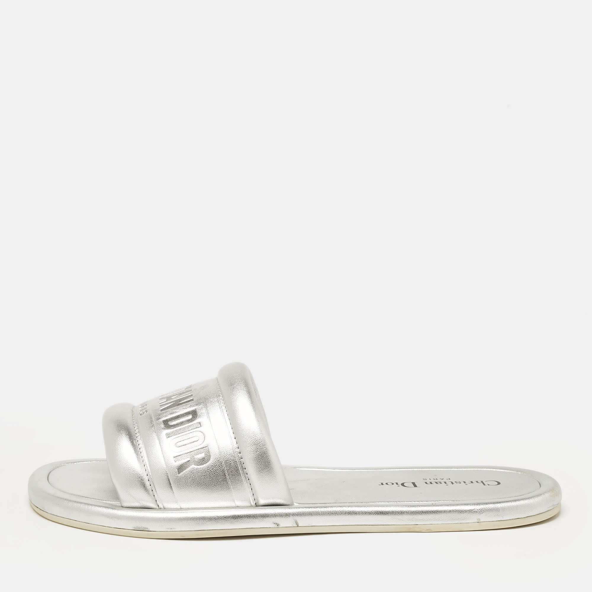 

Dior Silver Leather Every-D Flat Slides Size