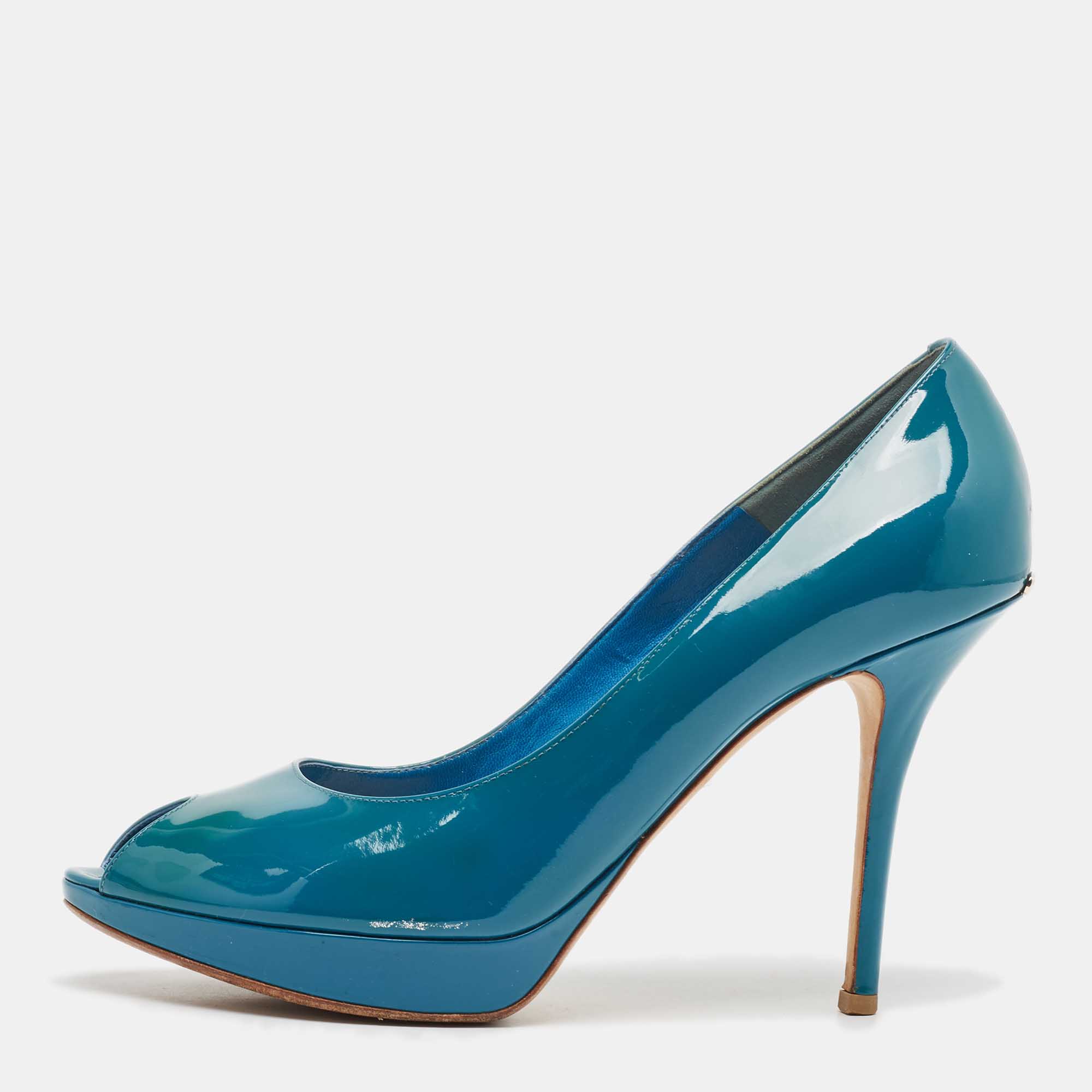 

Dior Blue Patent Leather Miss Dior Peep Toe Pumps