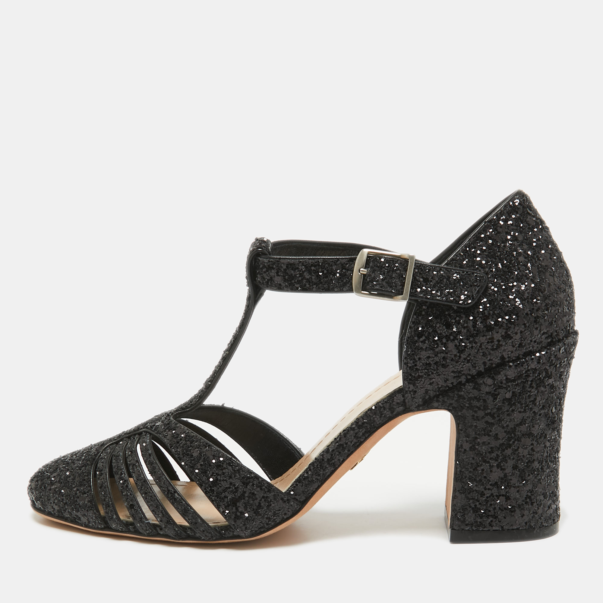 

Dior Black Glitter Ankle Strap Block Heel Pumps Size