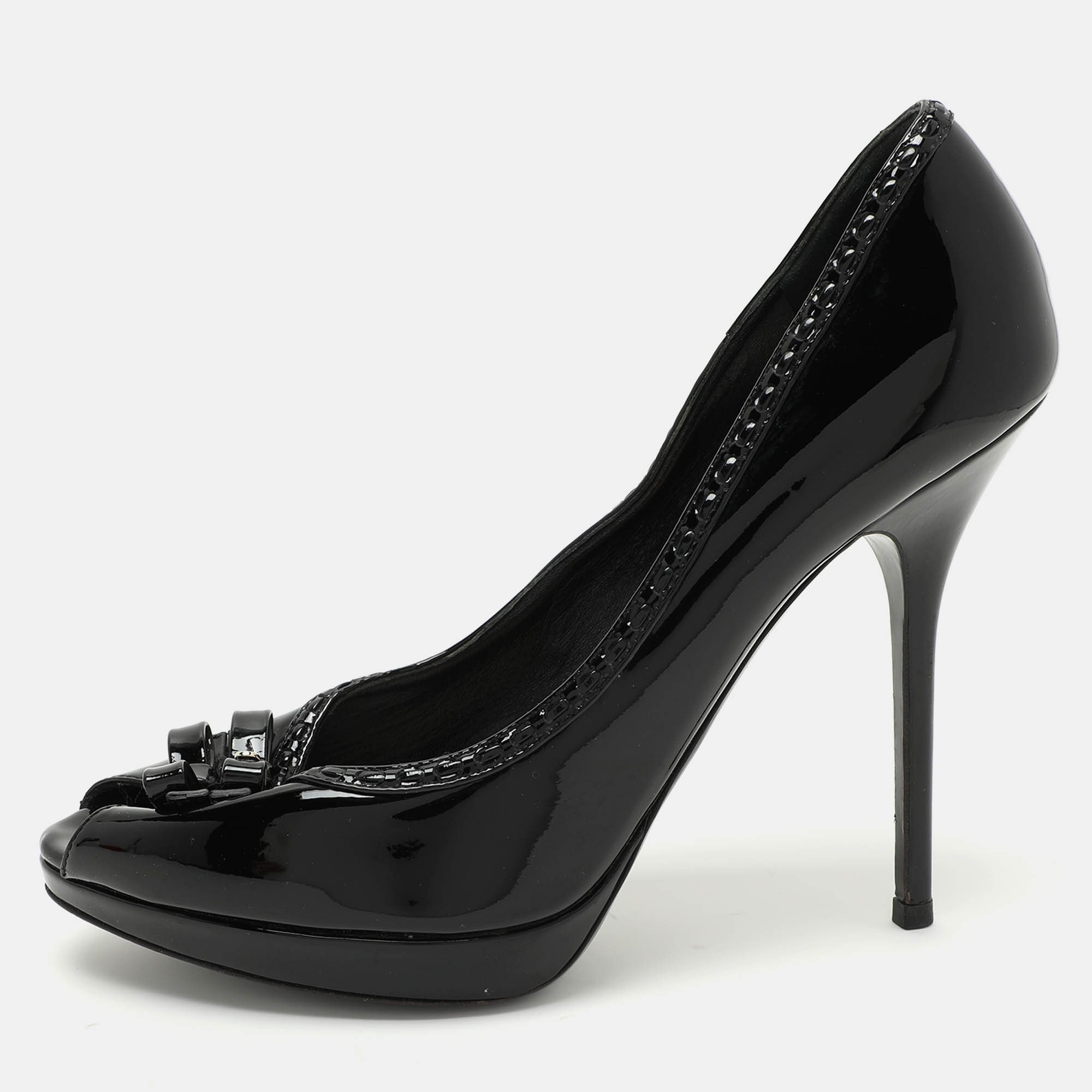 

Dior Black Patent Leather Bow Peep Toe Pumps Size