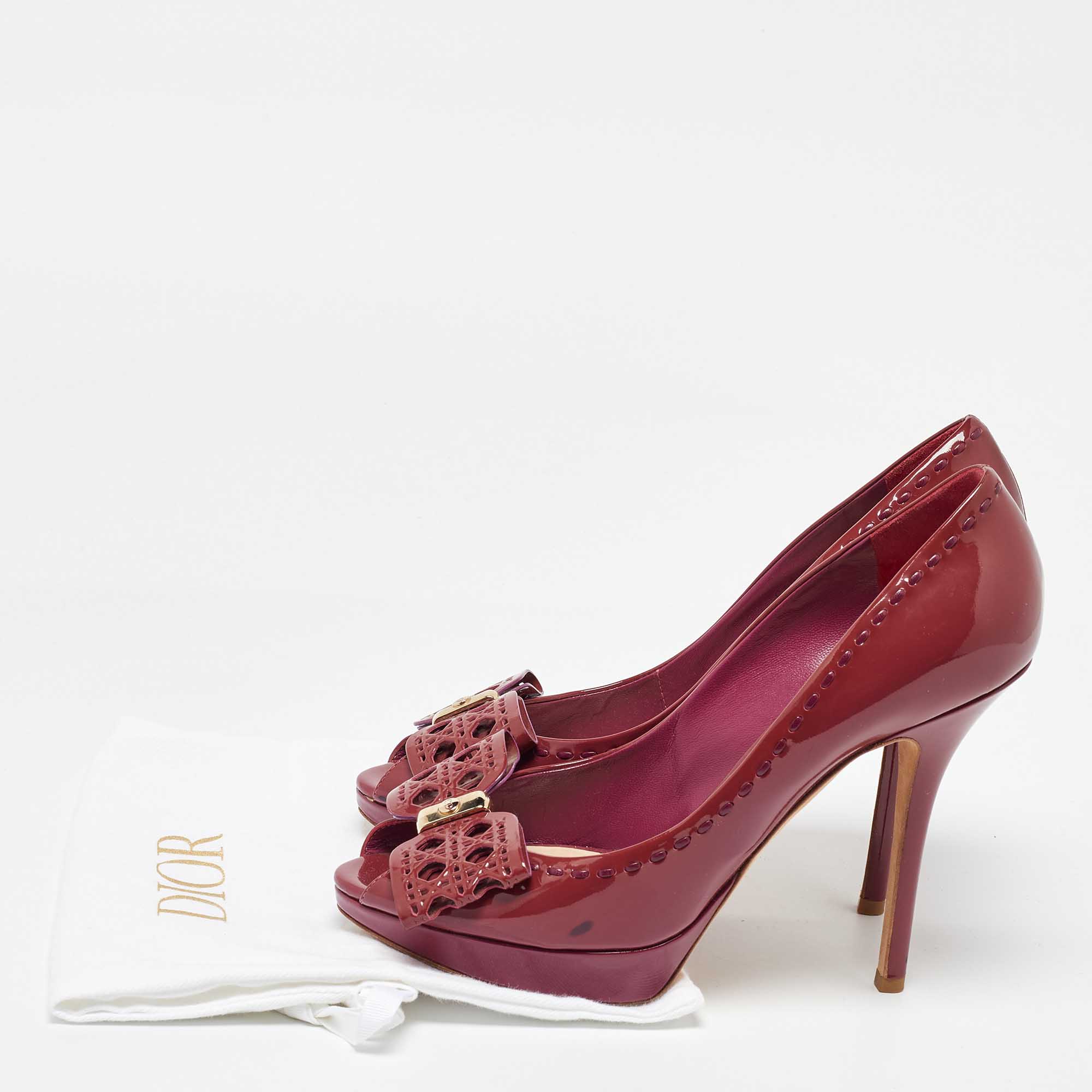 Dior Red Patent Leather Bow Platform Peep Toe Pumps Size 39.5 