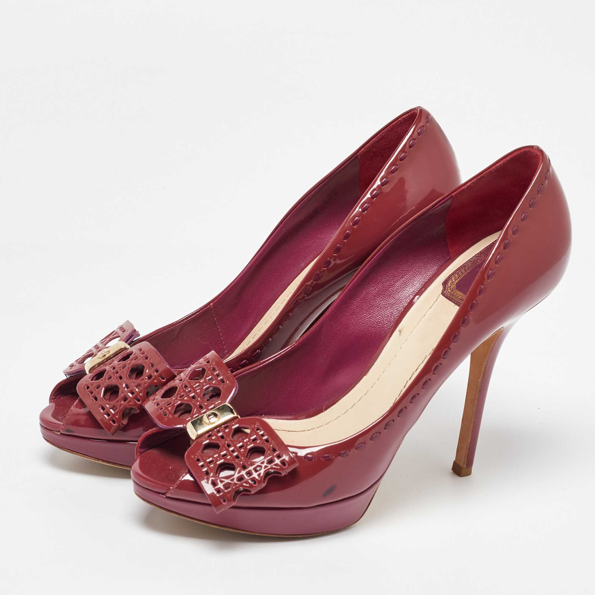 Dior Red Patent Leather Bow Platform Peep Toe Pumps Size 39.5 