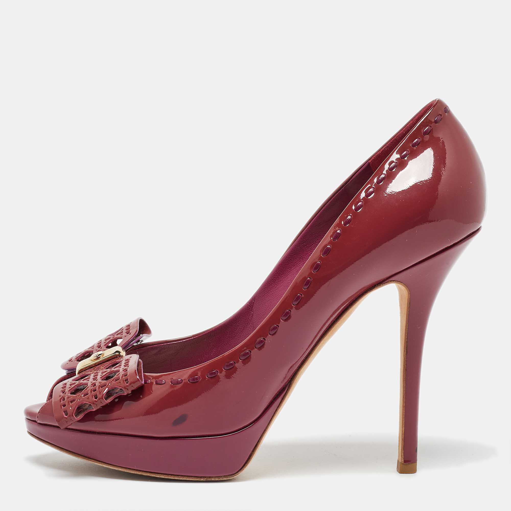 

Dior Red Patent Leather Bow Platform Peep Toe Pumps Size