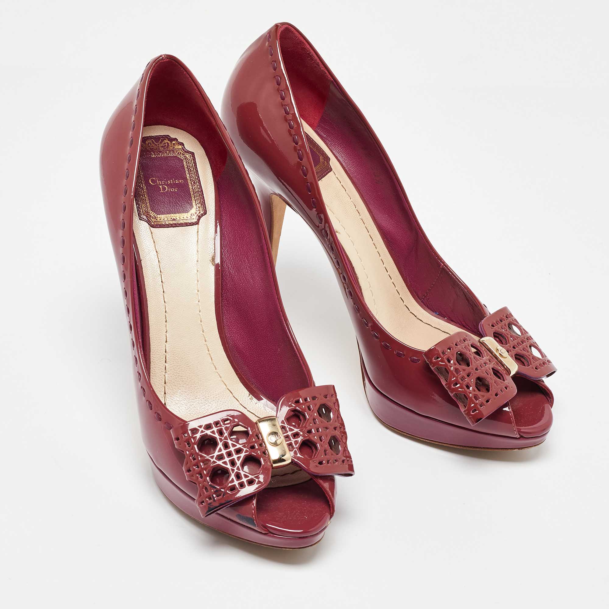 Dior Red Patent Leather Bow Platform Peep Toe Pumps Size 39.5 