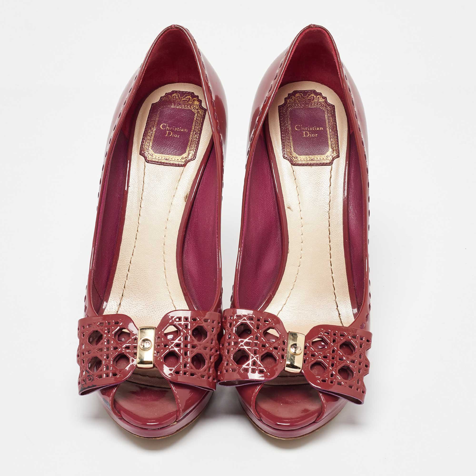 Dior Red Patent Leather Bow Platform Peep Toe Pumps Size 39.5 