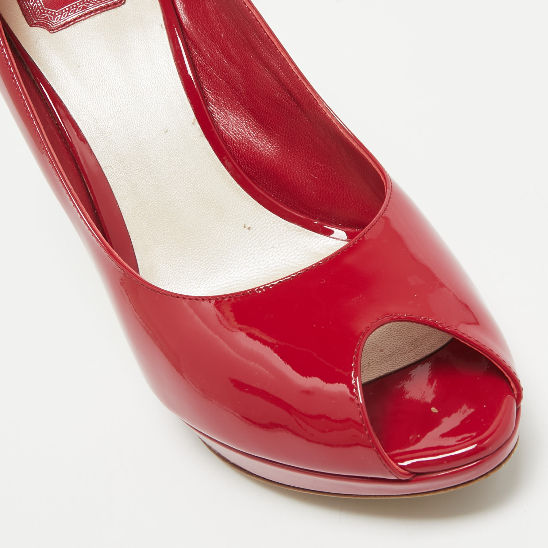 Dior Red Patent Leather Miss Dior Peep Toe Pumps Size 41 