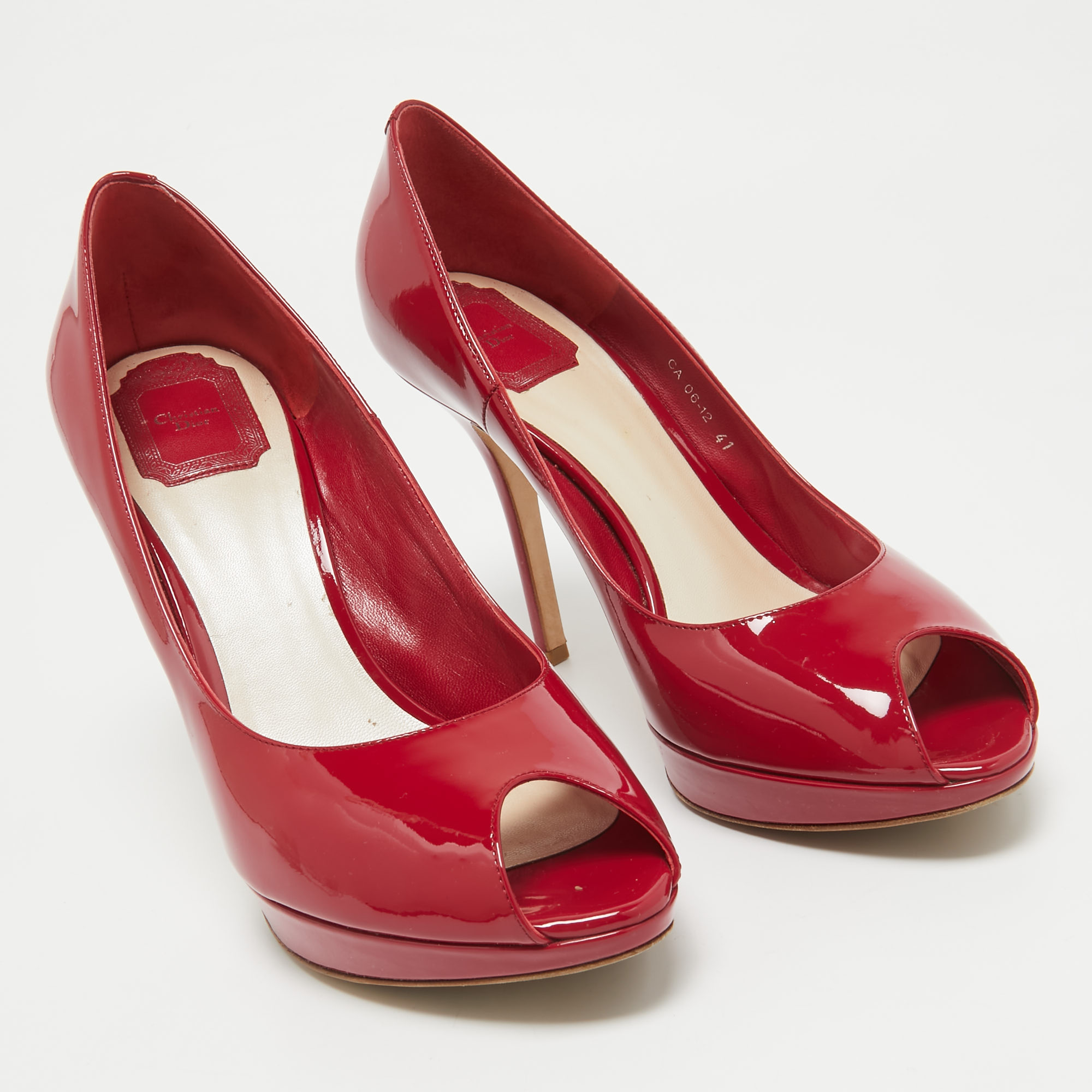 Dior Red Patent Leather Miss Dior Peep Toe Pumps Size 41 
