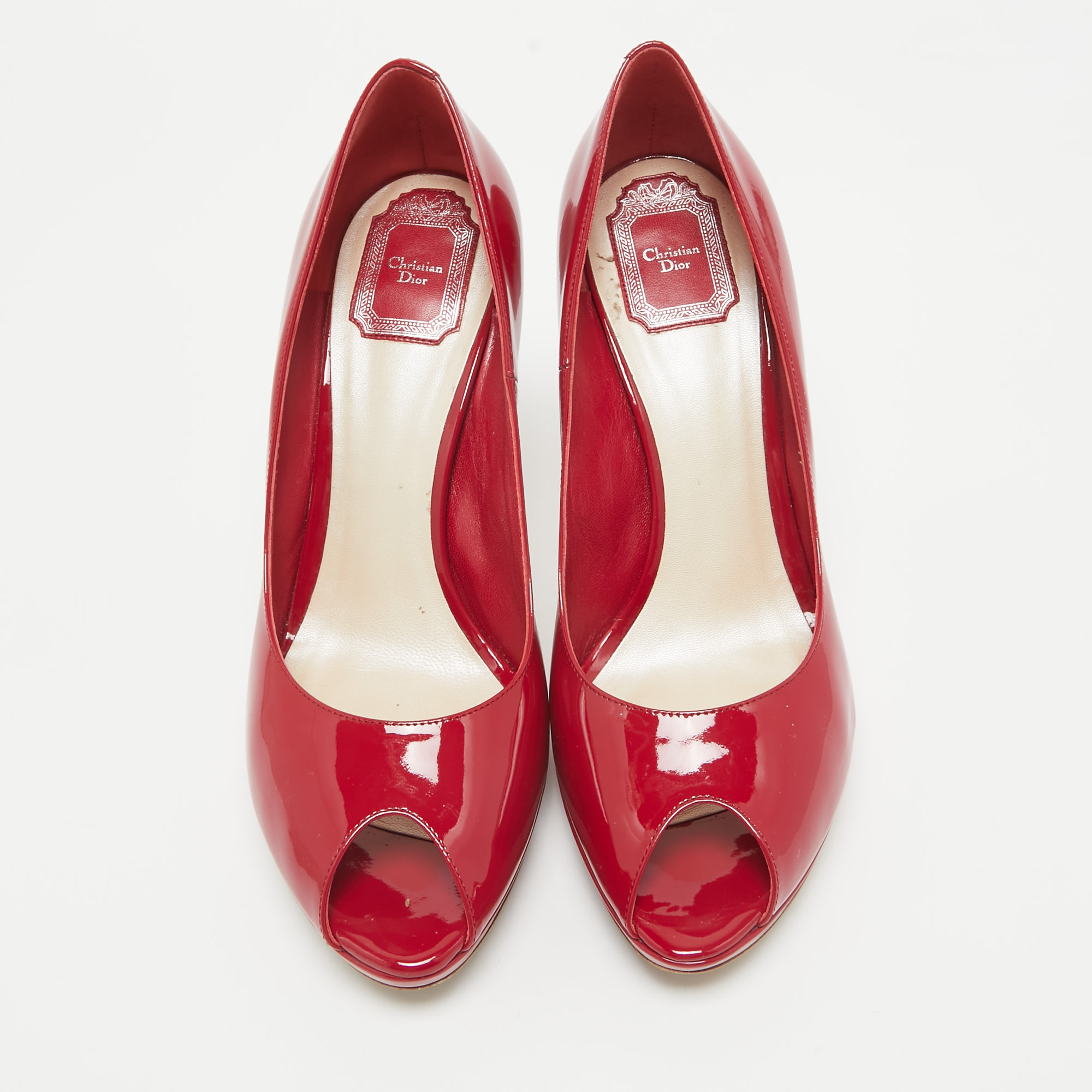 Dior Red Patent Leather Miss Dior Peep Toe Pumps Size 41 