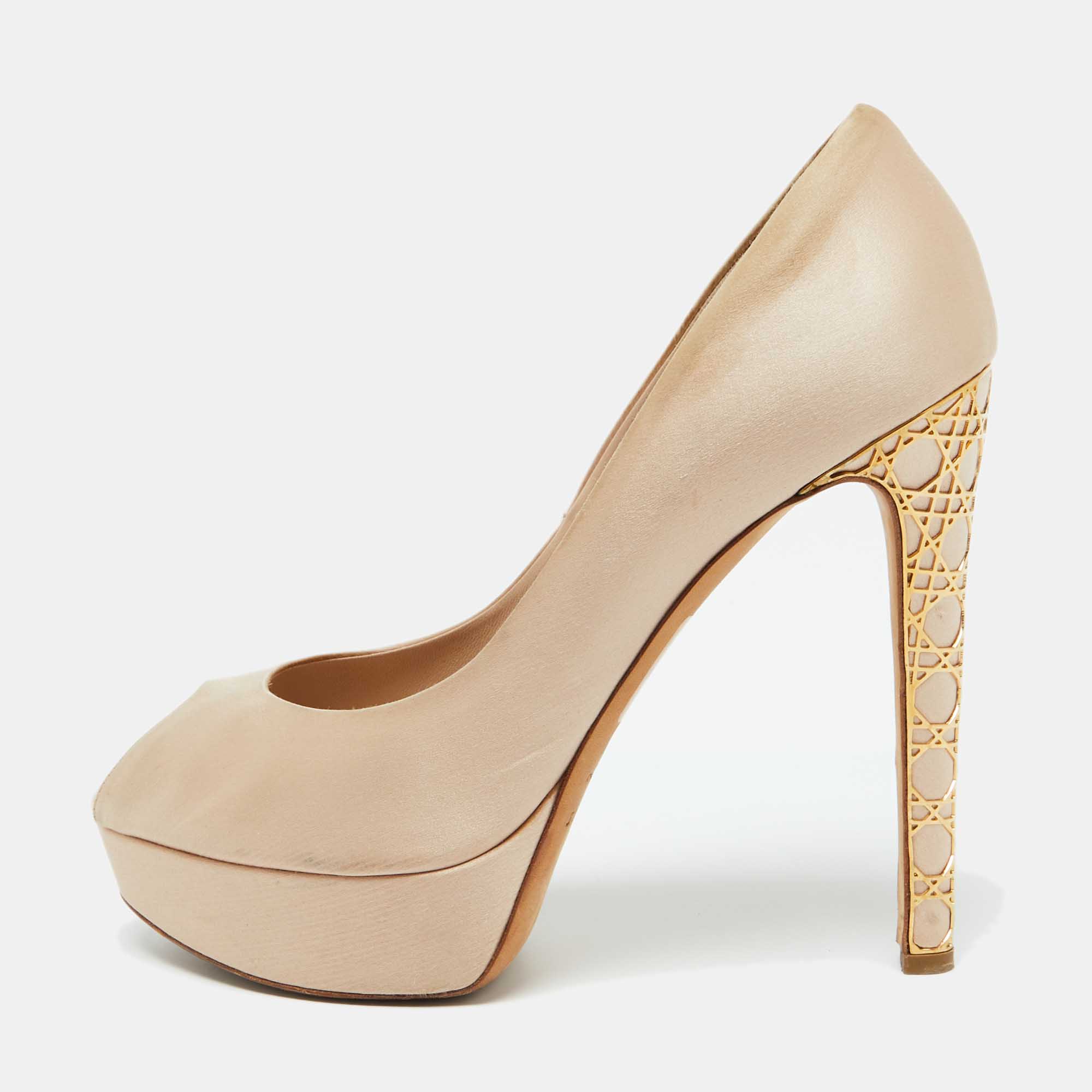 

Dior Beige Satin Cannage Heel Peep Toe Platform Pumps Size