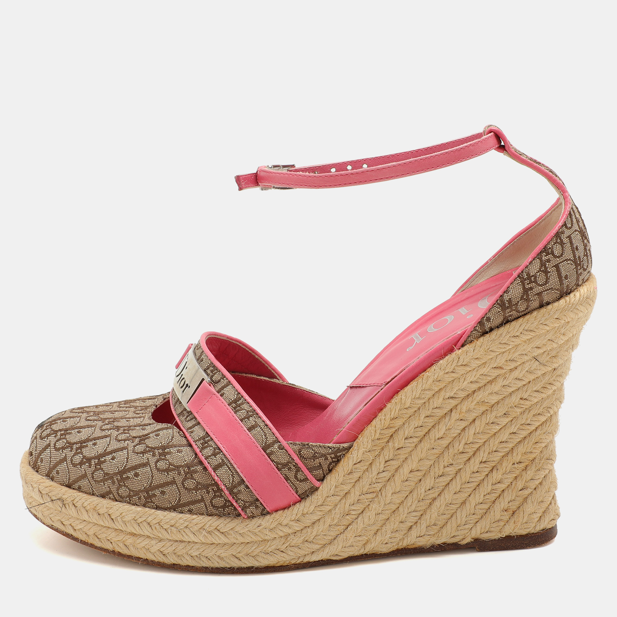 

Dior Beige/Pink Canvas and Leather Wedge Espadrille Sandals Size