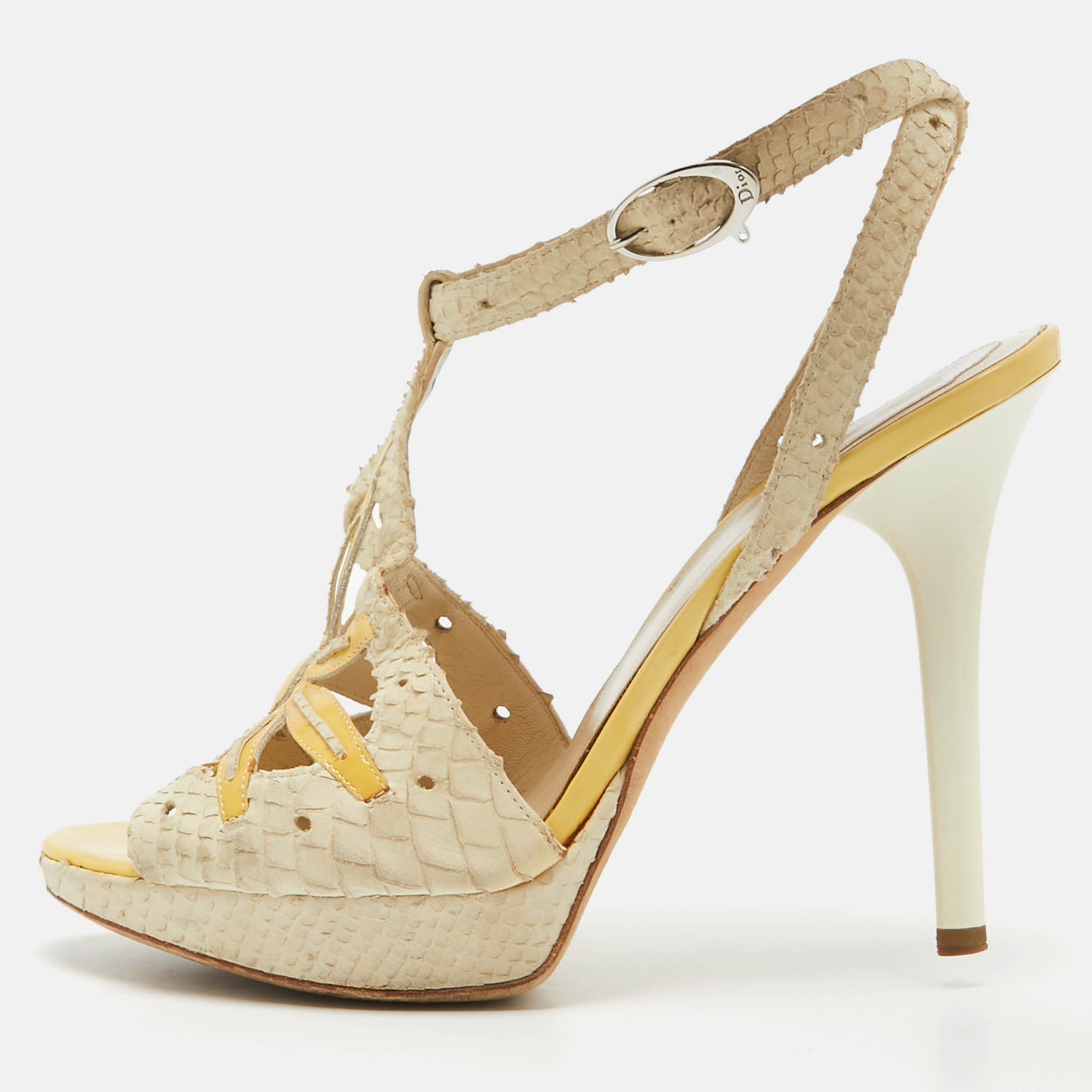 

Dior Off White/Yellow Embossed Python and Patent Leather Platform Ankle Wrap Sandals Size