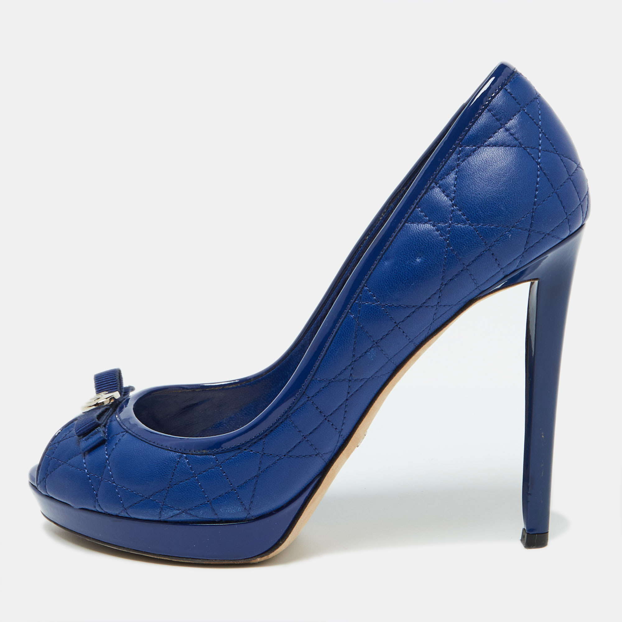 

Dior Blue Cannage Leather and Patent Bow Peep Toe Platform Pumps Size