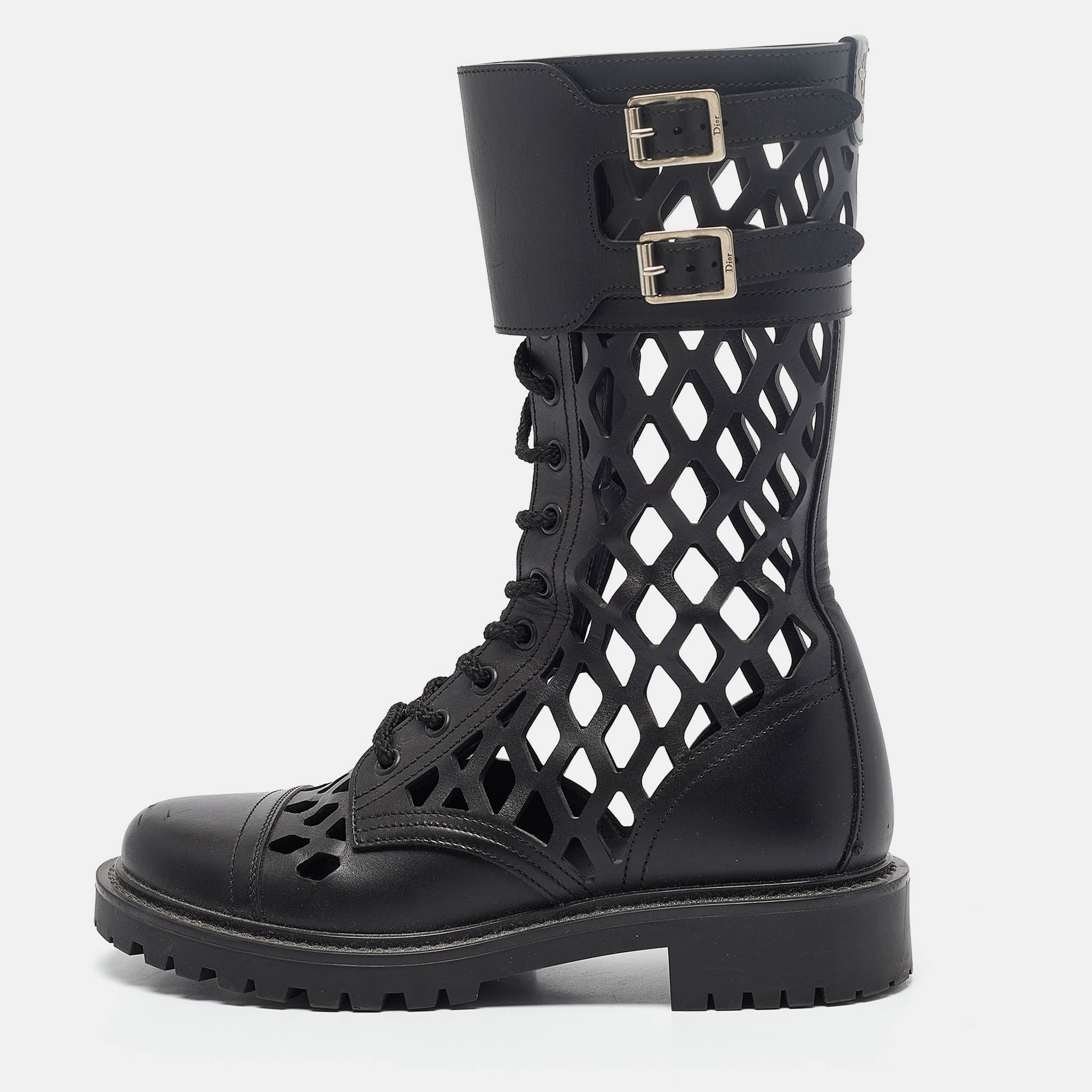 

Dior Black Leather Laser Cut Accents Combat Boots Size