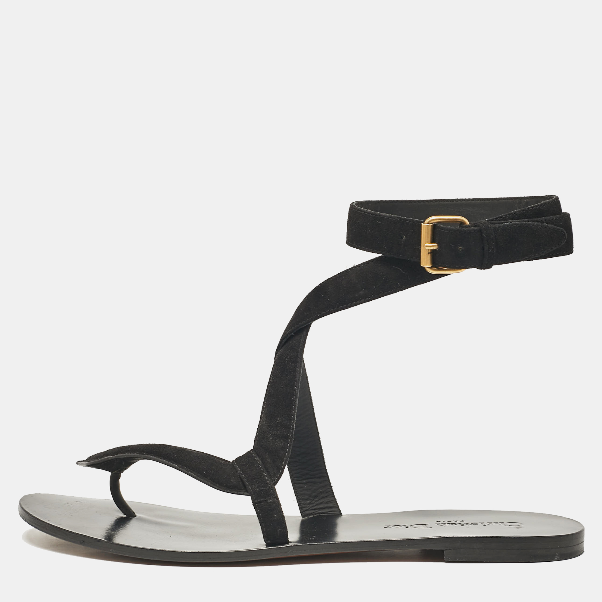 

Dior Black Suede Ankle Strap Flat Sandals Size