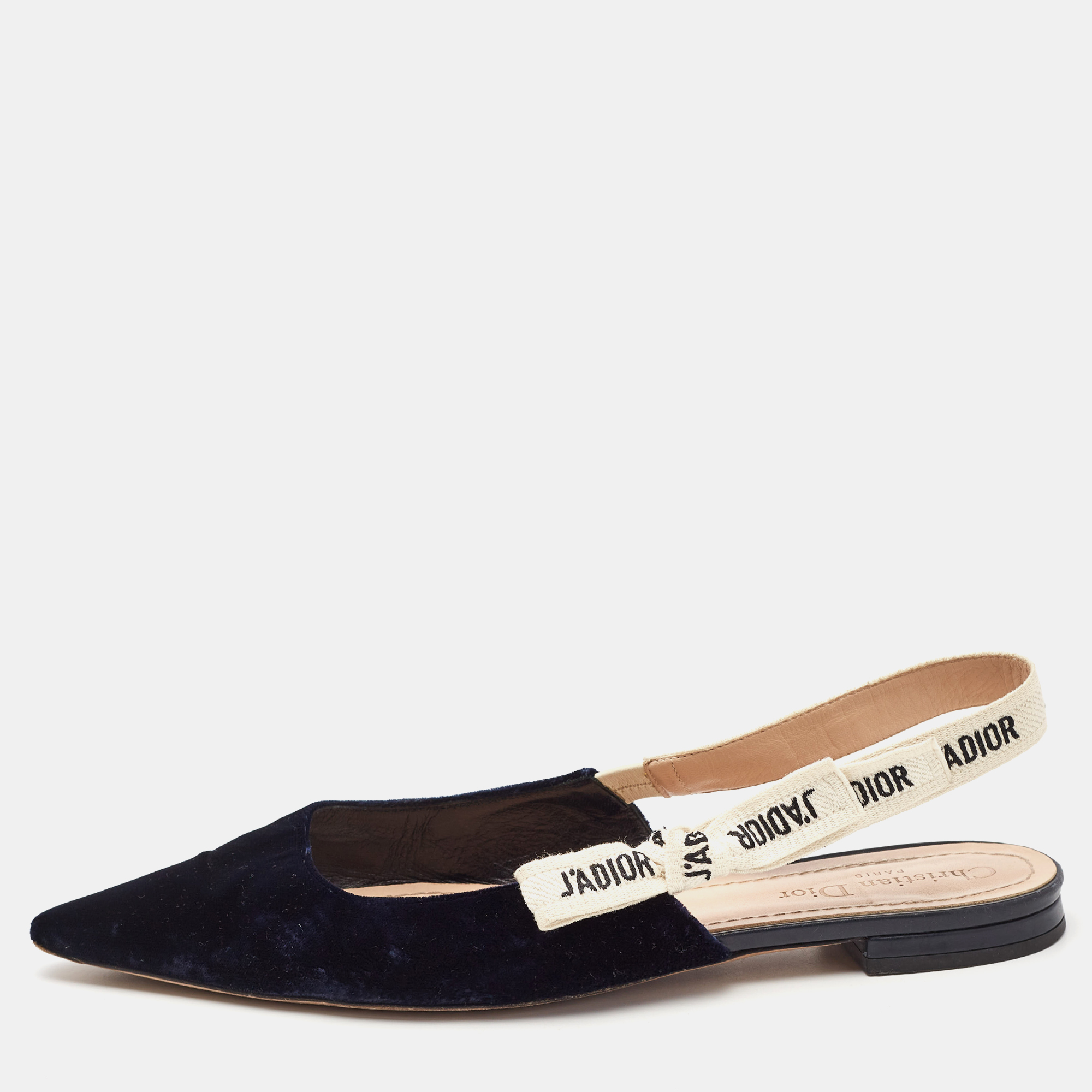 

Dior Navy Blue Velvet J'adior Slingback Flats Size