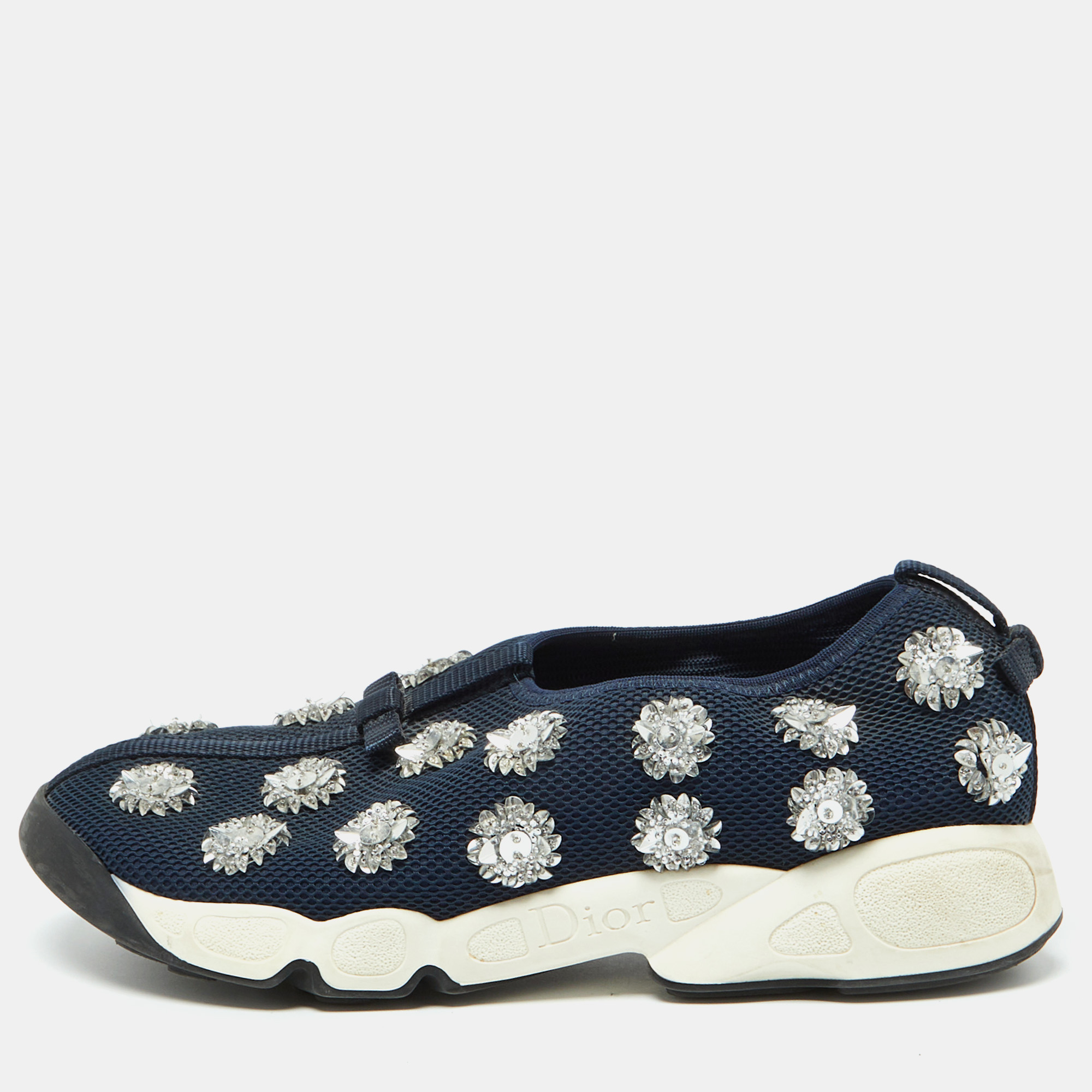 

Dior Navy Blue Mesh Fusion Embellished Slip On Sneakers Size