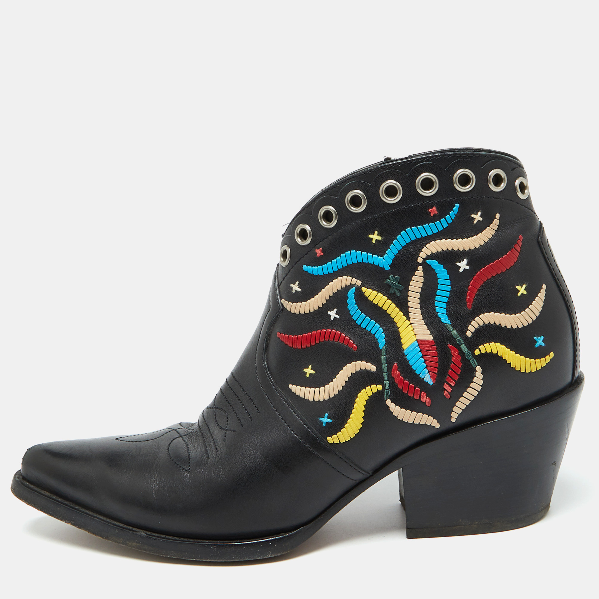 

Dior Black Leather Embroidered Cowboy Ankle Length Boots Size