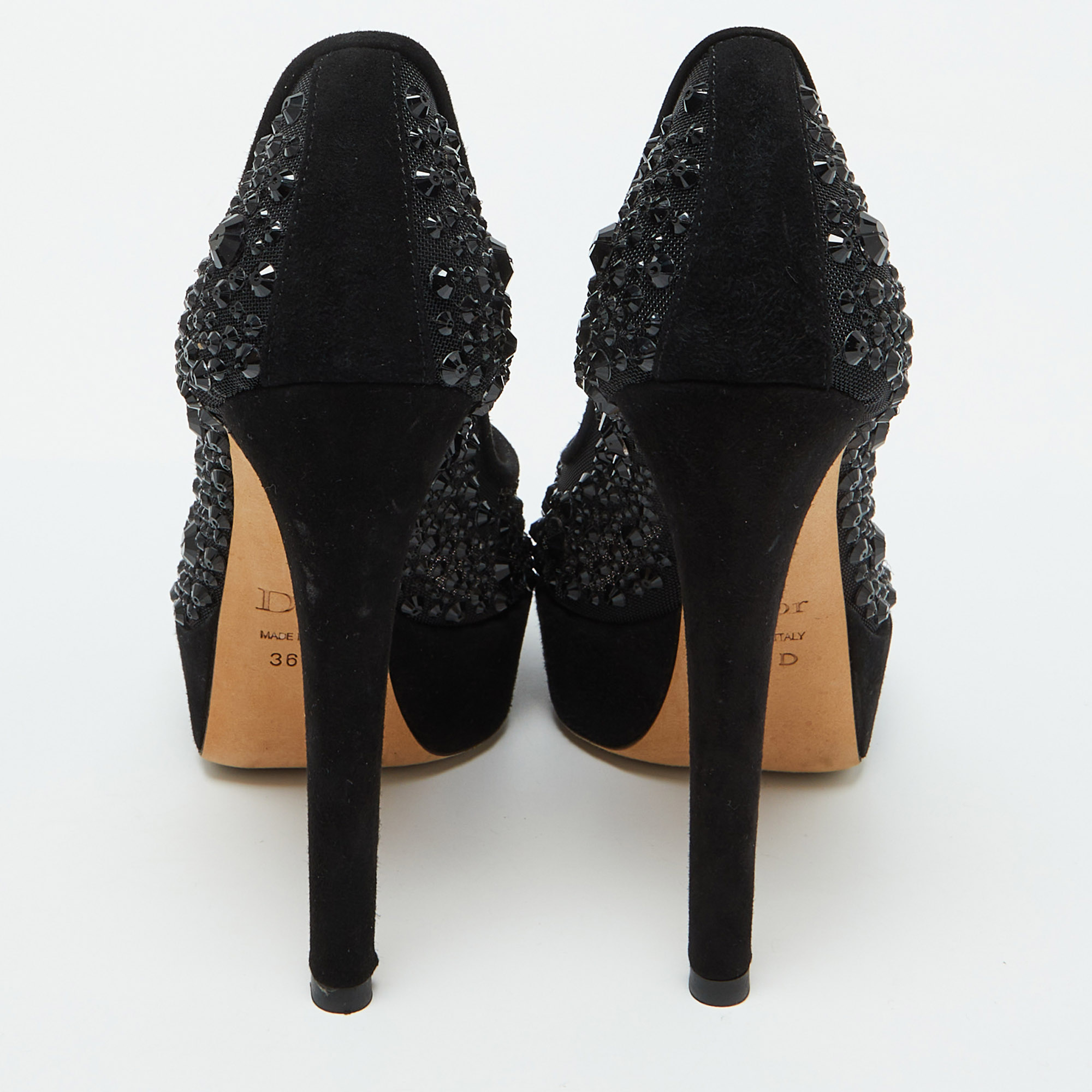 Dior Black Suede and Mesh Crystal Embellished Peep Toe Platform Pumps Size 36 