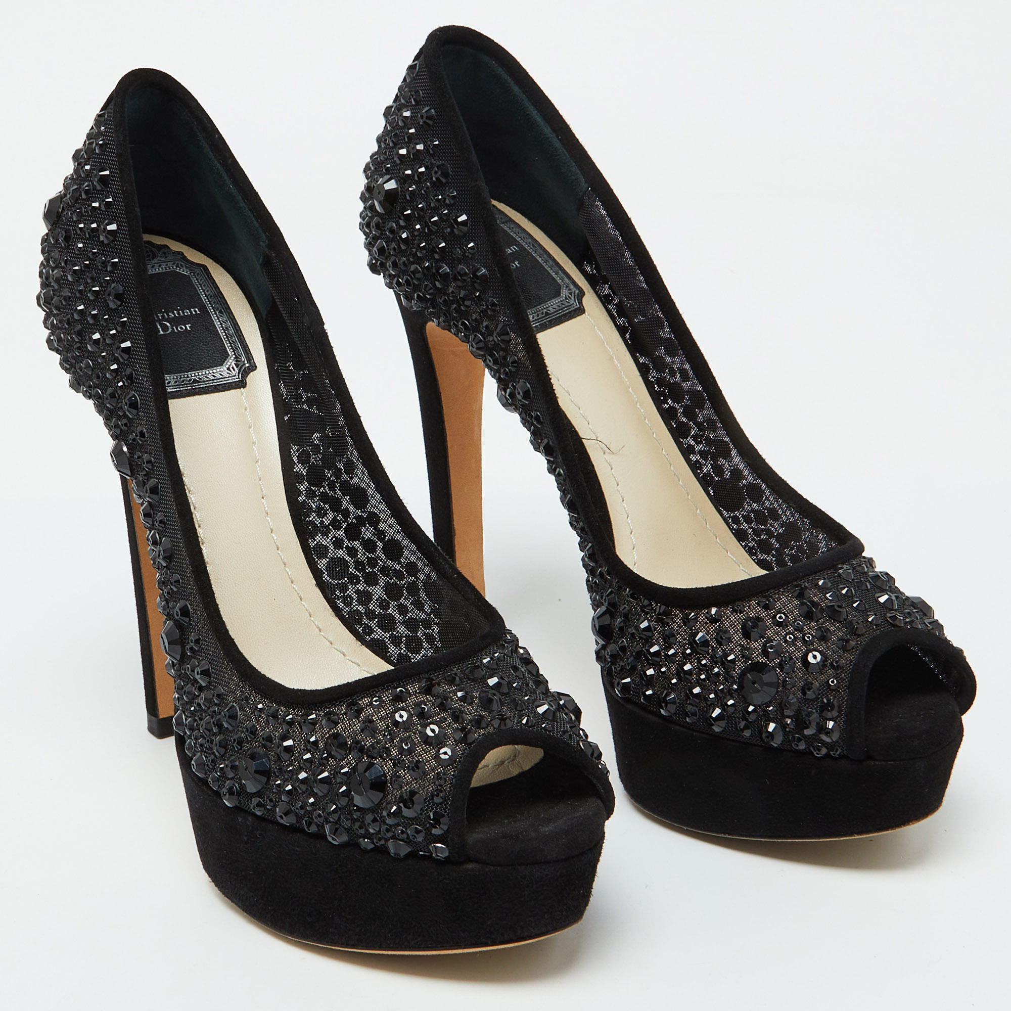 Dior Black Suede and Mesh Crystal Embellished Peep Toe Platform Pumps Size 36 