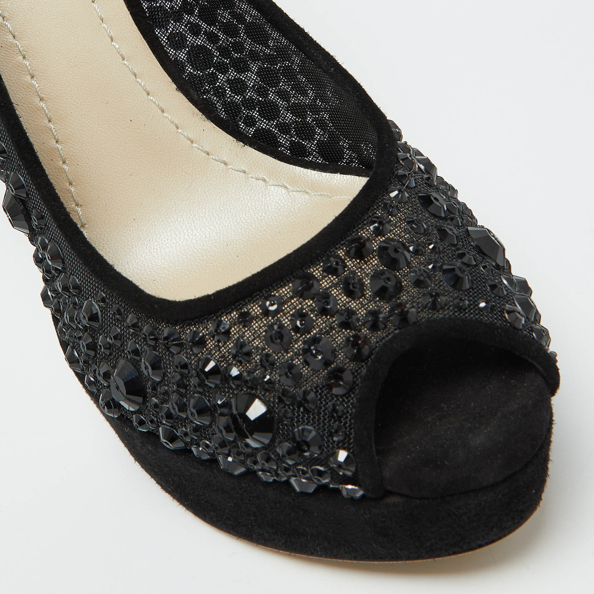 Dior Black Suede and Mesh Crystal Embellished Peep Toe Platform Pumps Size 36 