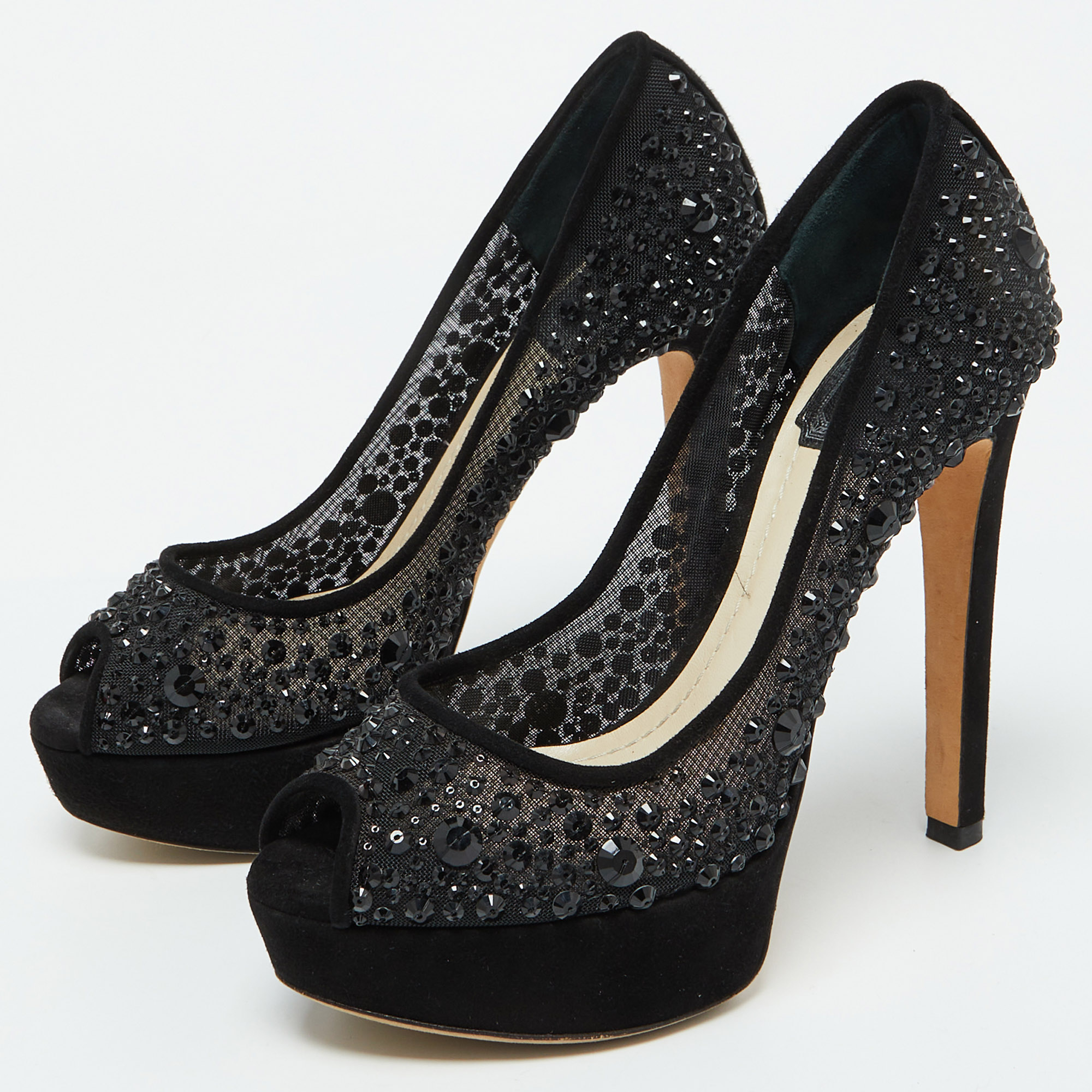 Dior Black Suede and Mesh Crystal Embellished Peep Toe Platform Pumps Size 36 
