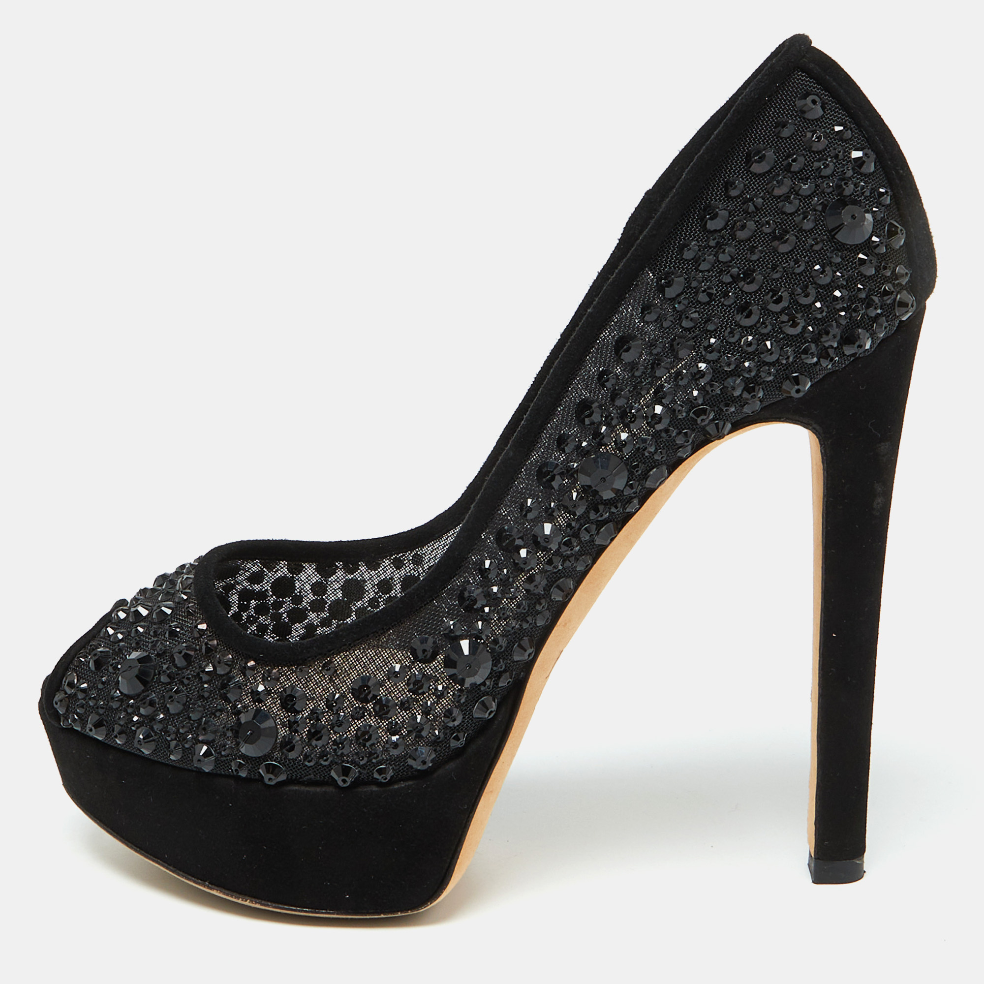 

Dior Black Suede and Mesh Crystal Embellished Peep Toe Platform Pumps Size