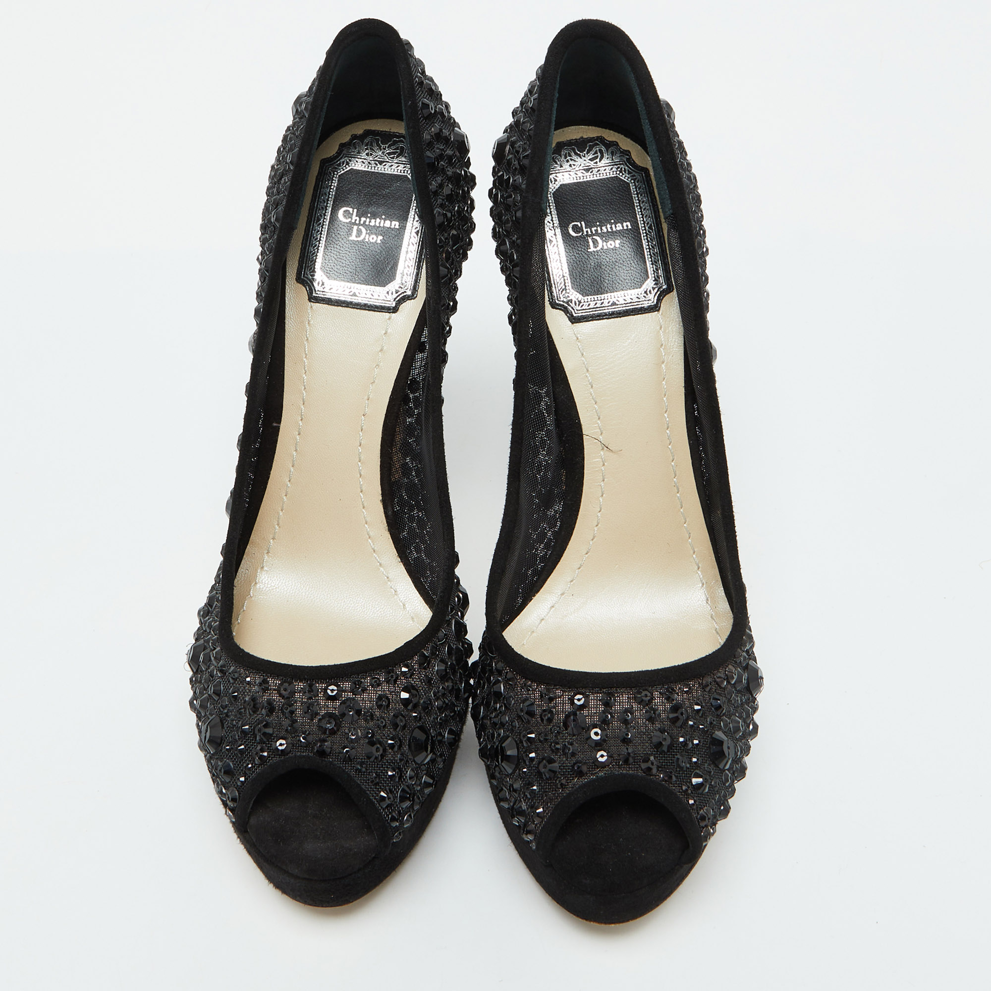 Dior Black Suede and Mesh Crystal Embellished Peep Toe Platform Pumps Size 36 