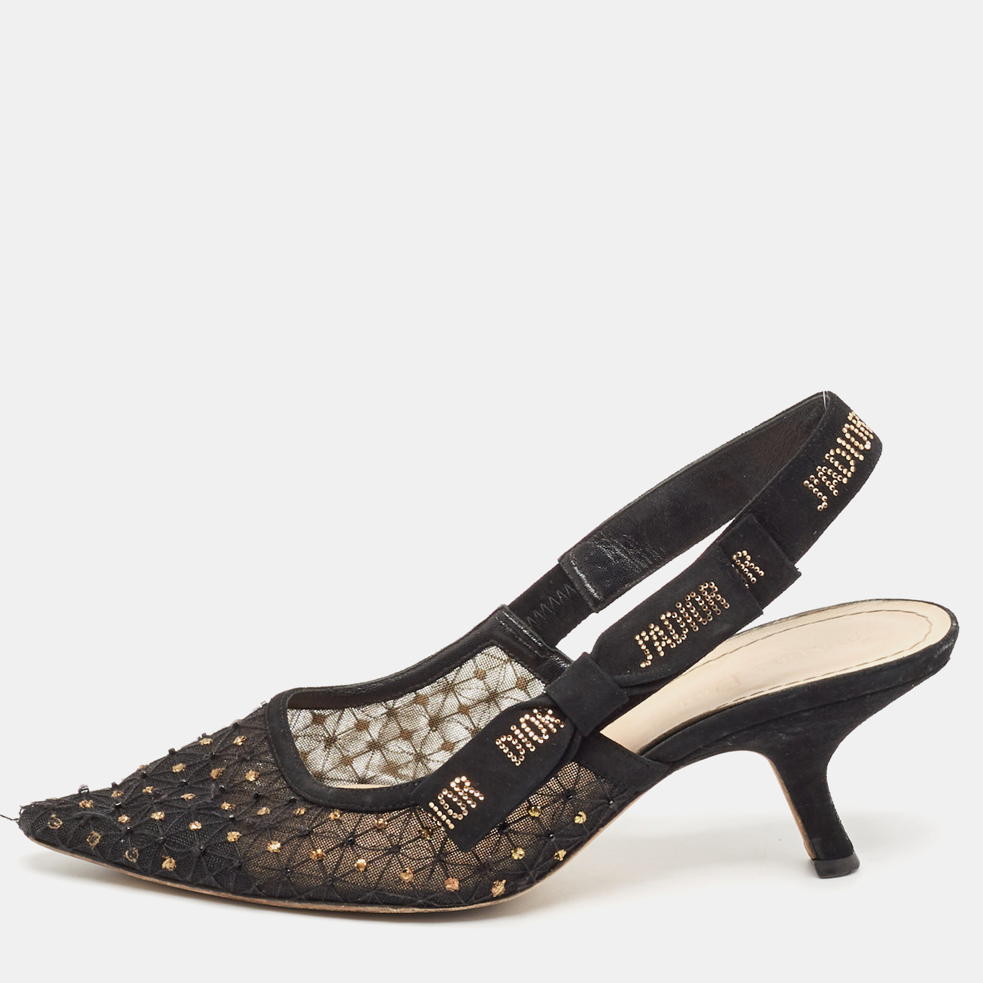 

Dior Black Embellished Mesh J'adoir Slingback Pumps Size