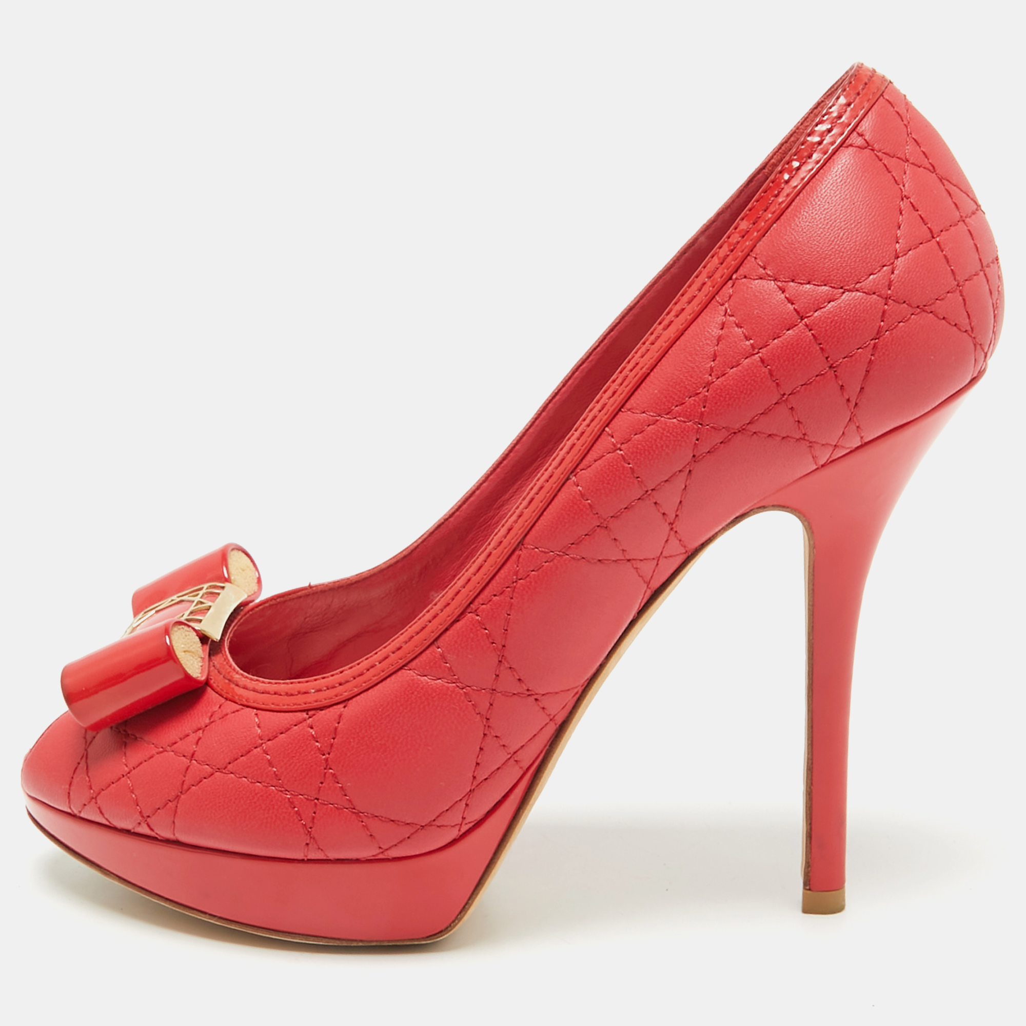 

Dior Red Cannage Leather Bow Peep Toe Platform Pumps Size