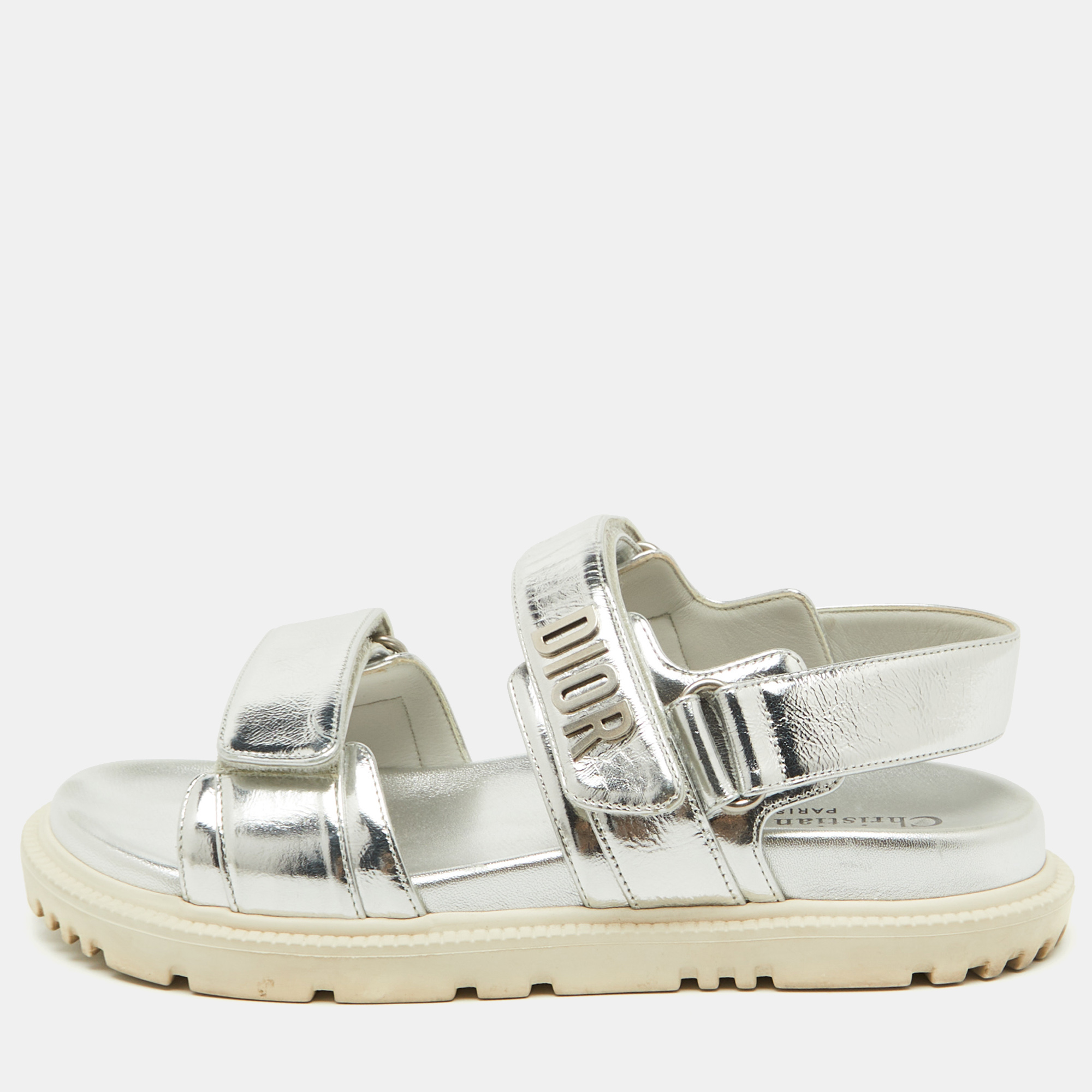 

Dior Metallic Silver Leather DiorAct Flat Sandals Size