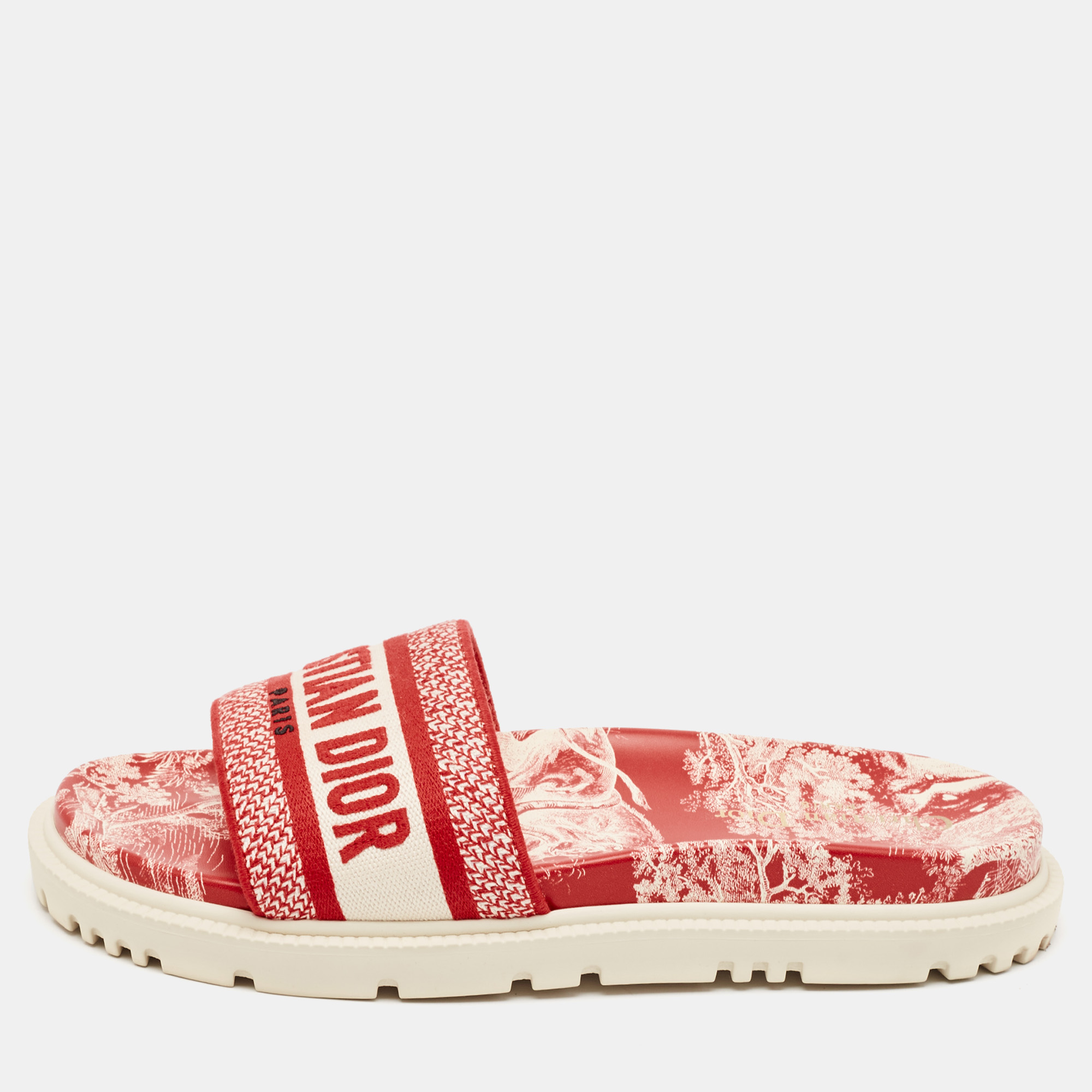 

Dior Red/White Embroidered Canvas Dway Flat Slides Size