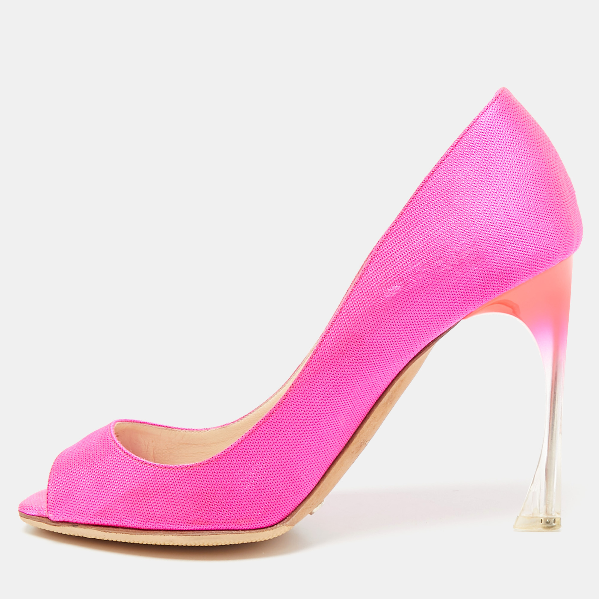 

Dior Fuchsia Pink Canvas Flare Heel Peep Toe Pumps Size