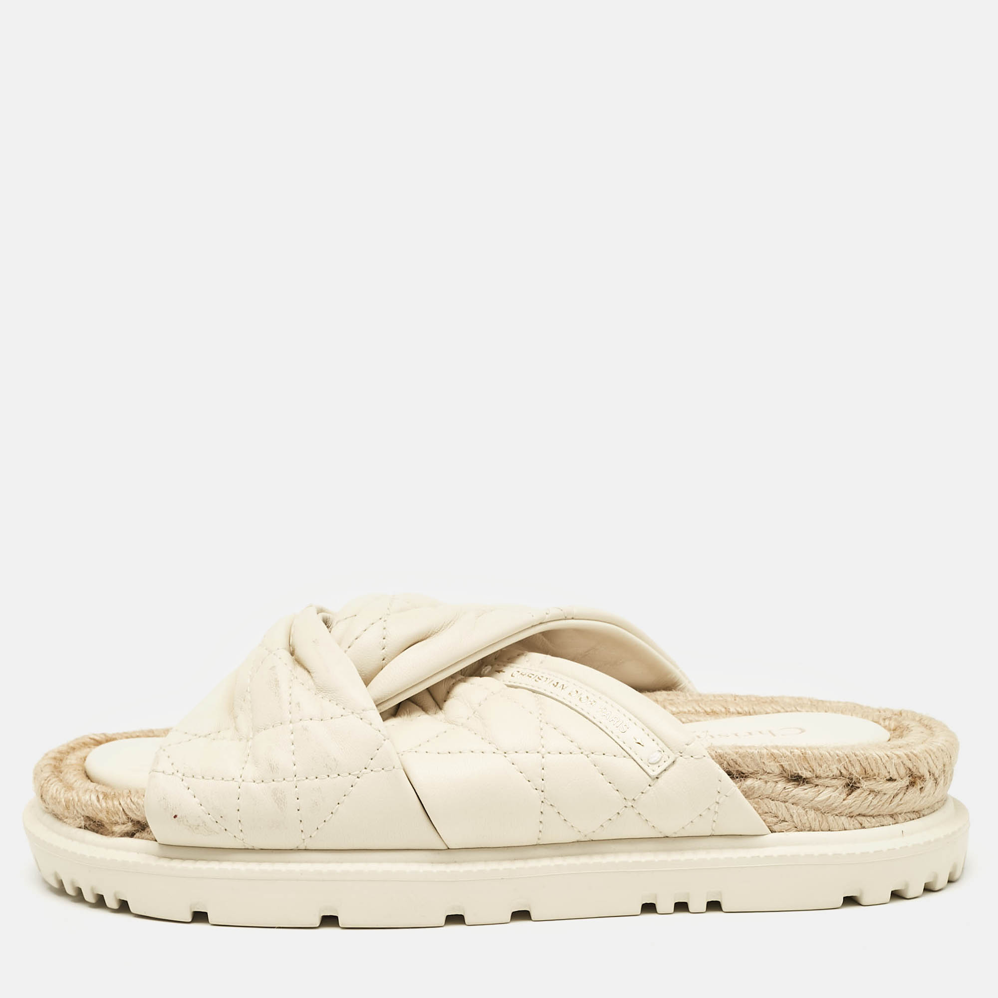 

Dior Off White Quilted Leather D-Twist Espadrille Flat Slides Size