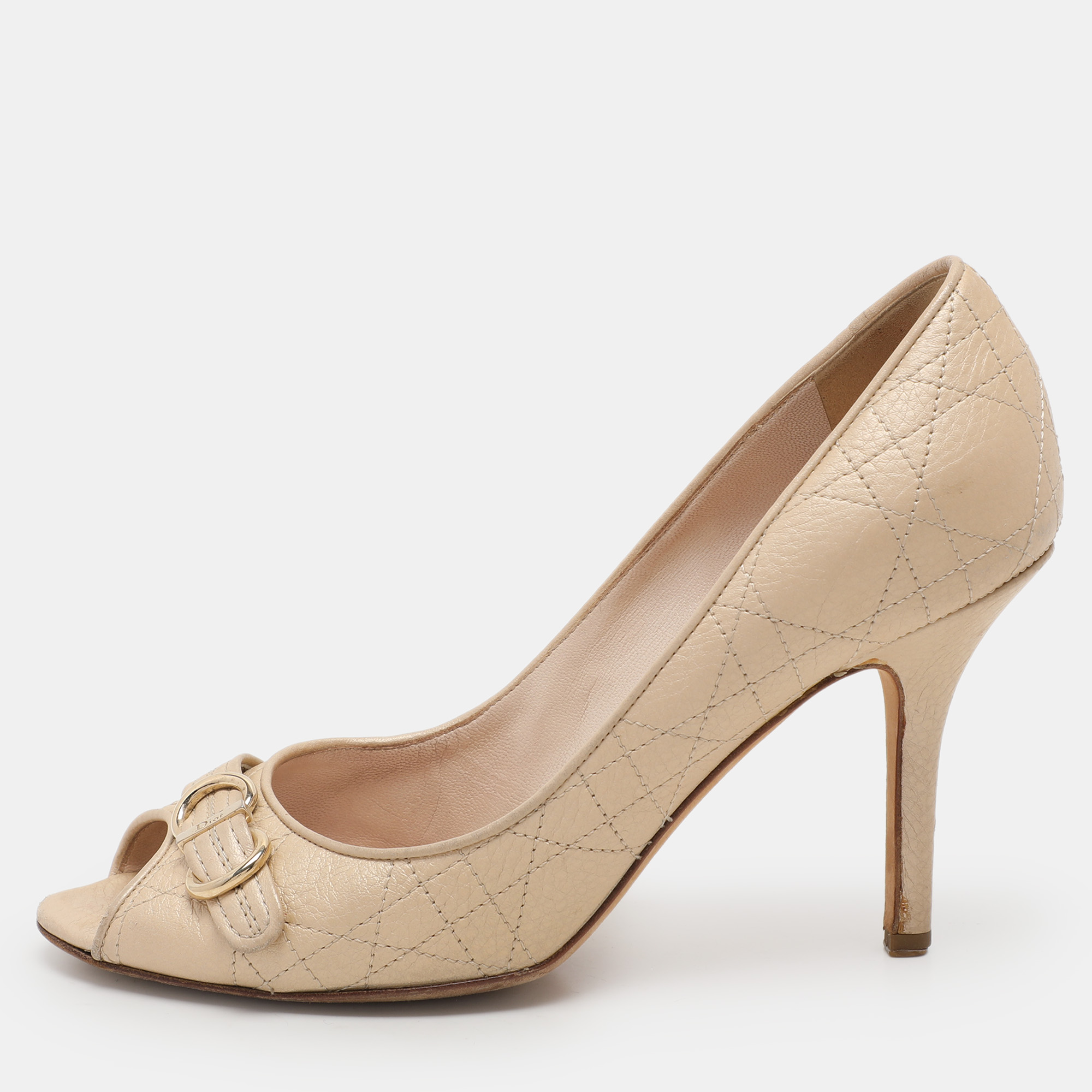 

Dior Beige Cannage Leather Embellished Peep Toe Pumps Size