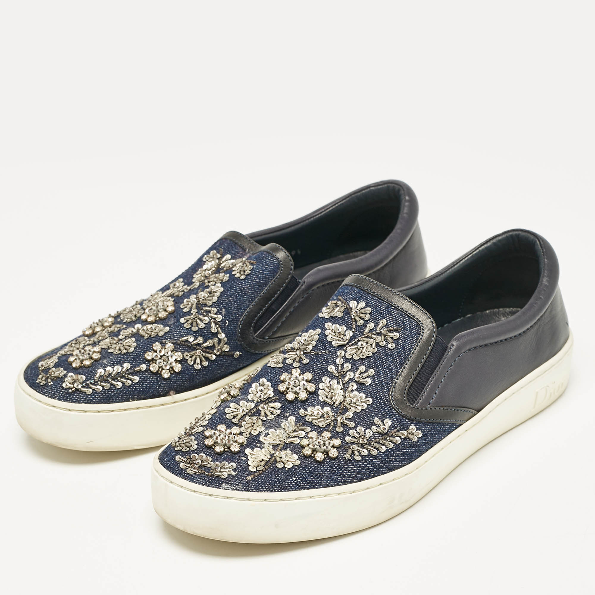Dior Blue Denim and Leather Embellished Slip On Sneakers Size 39.5 
