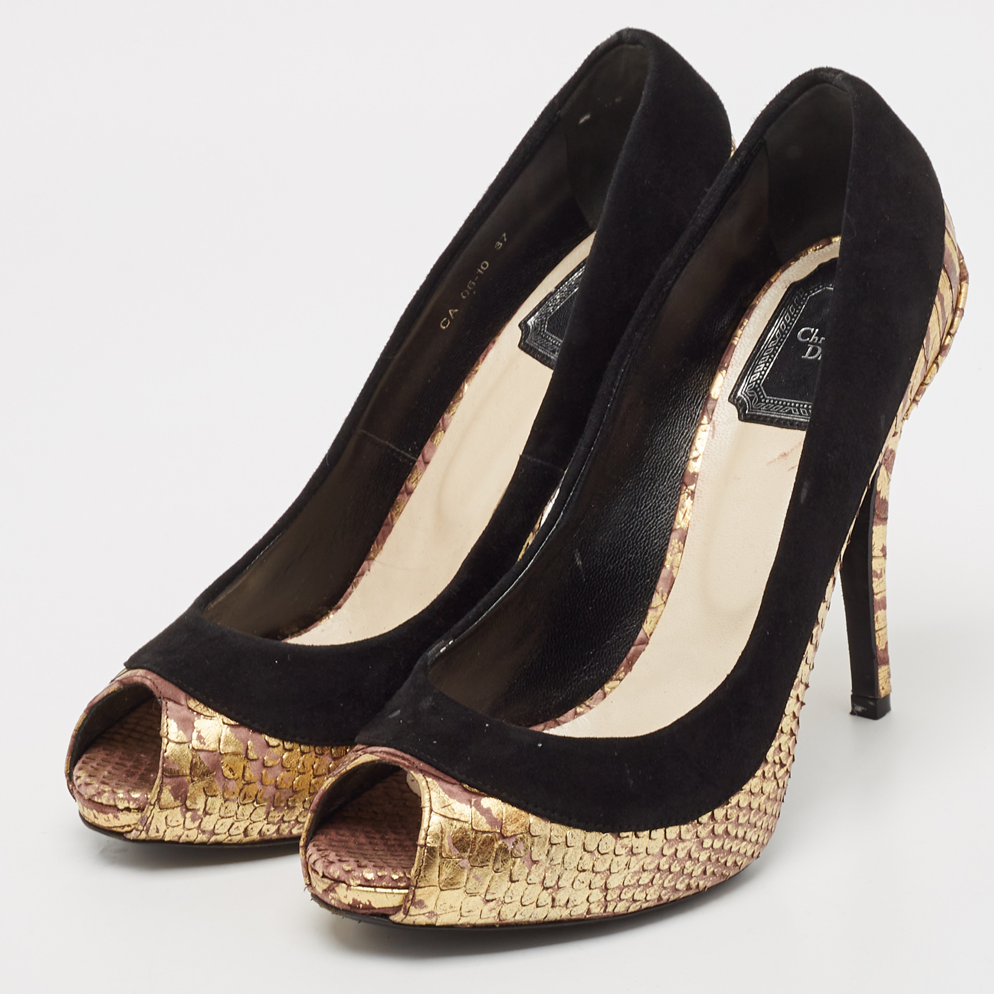 Dior Black/Gold Python Embossed Leather and Suede Peep Toe Pumps Size 37 