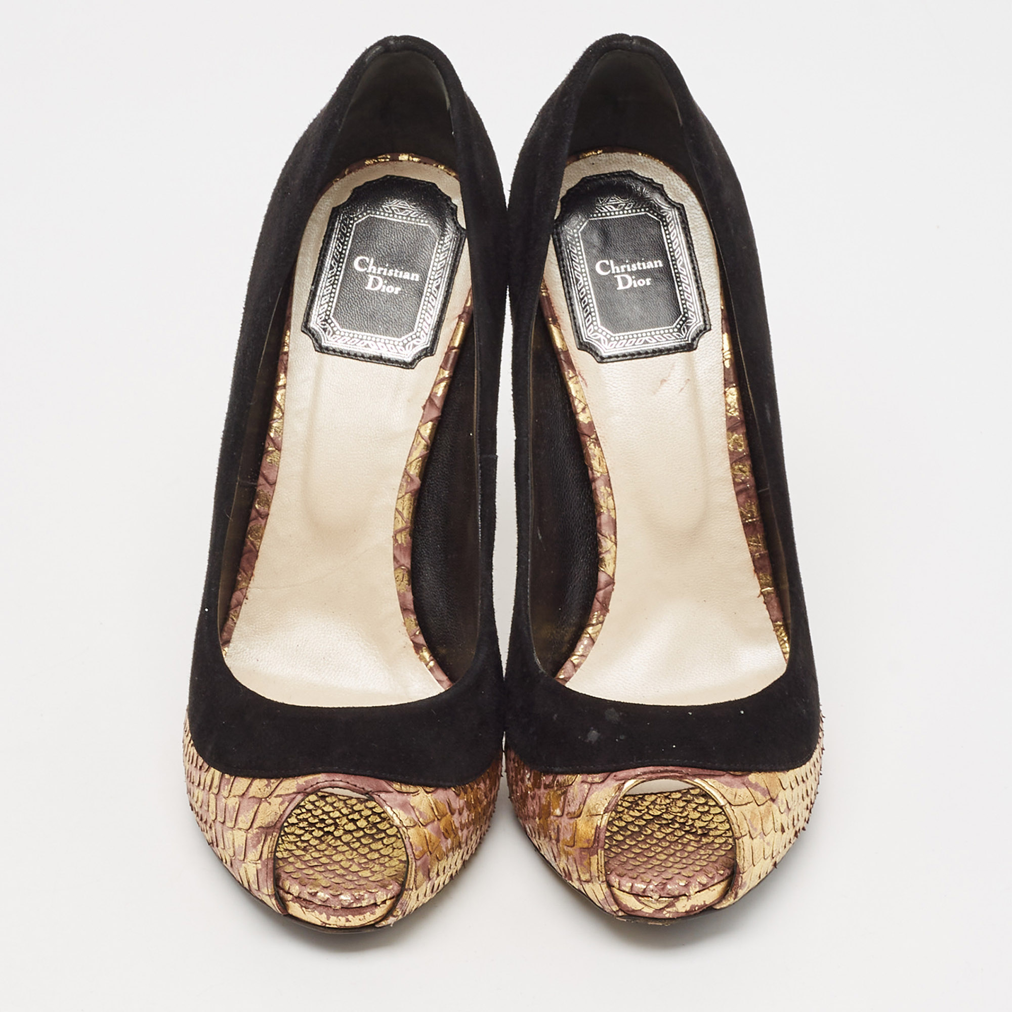 Dior Black/Gold Python Embossed Leather and Suede Peep Toe Pumps Size 37 