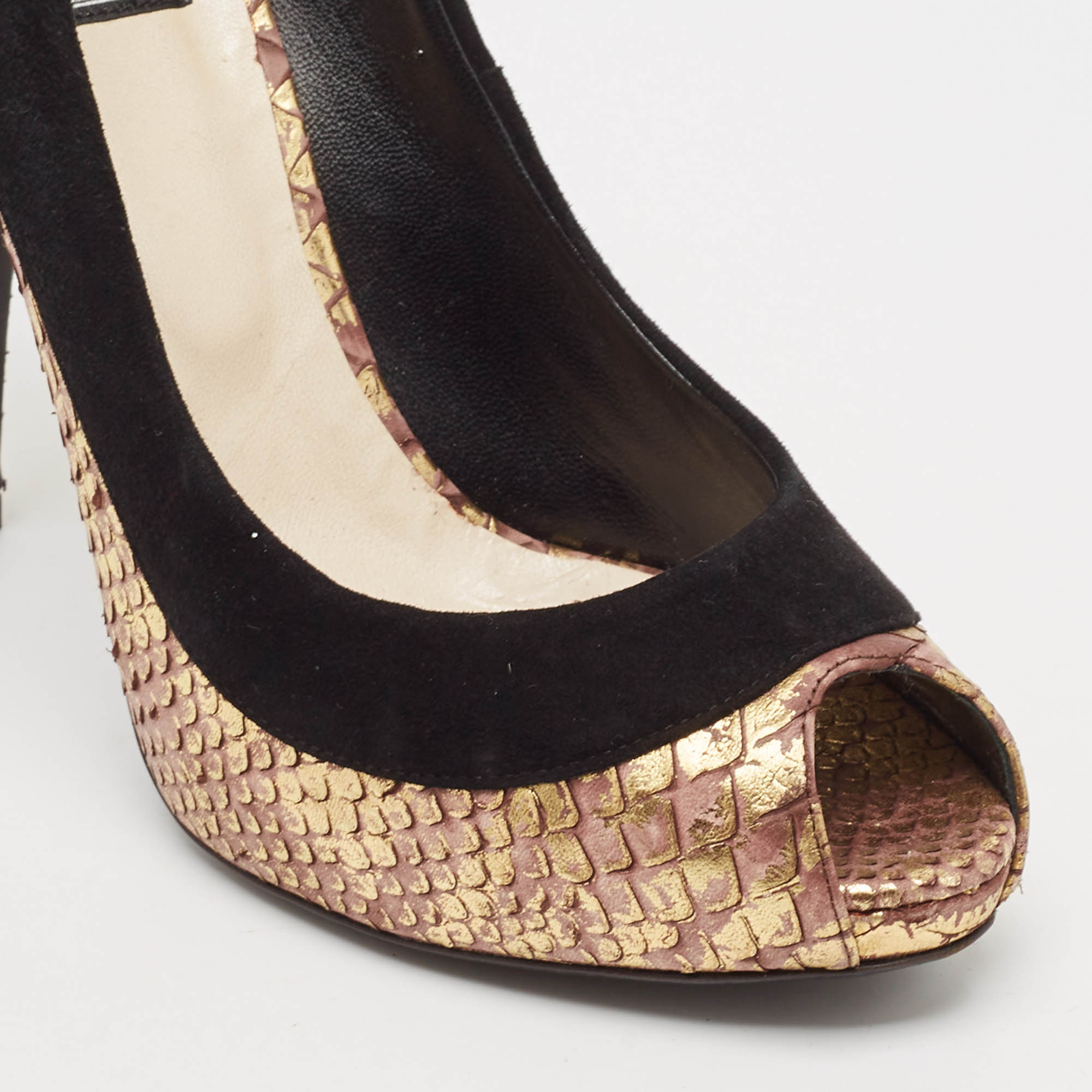 Dior Black/Gold Python Embossed Leather and Suede Peep Toe Pumps Size 37 