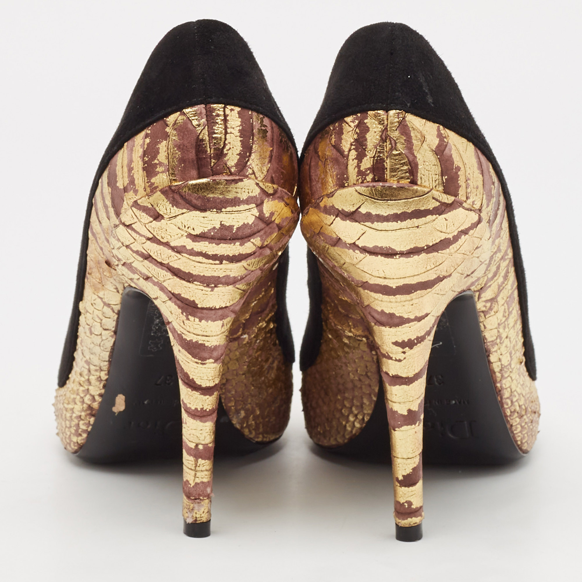Dior Black/Gold Python Embossed Leather and Suede Peep Toe Pumps Size 37 