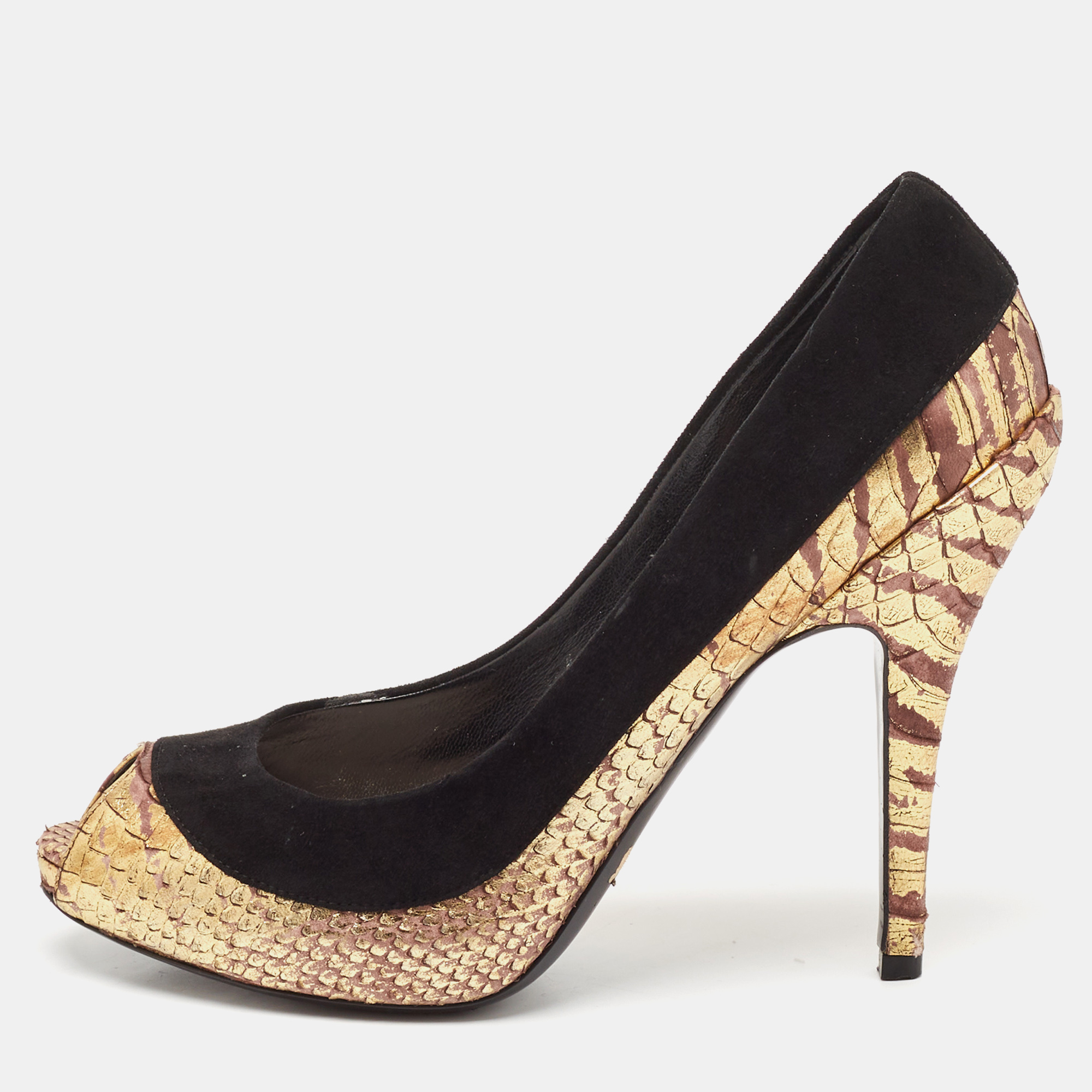 

Dior Black/Gold Python Embossed Leather and Suede Peep Toe Pumps Size