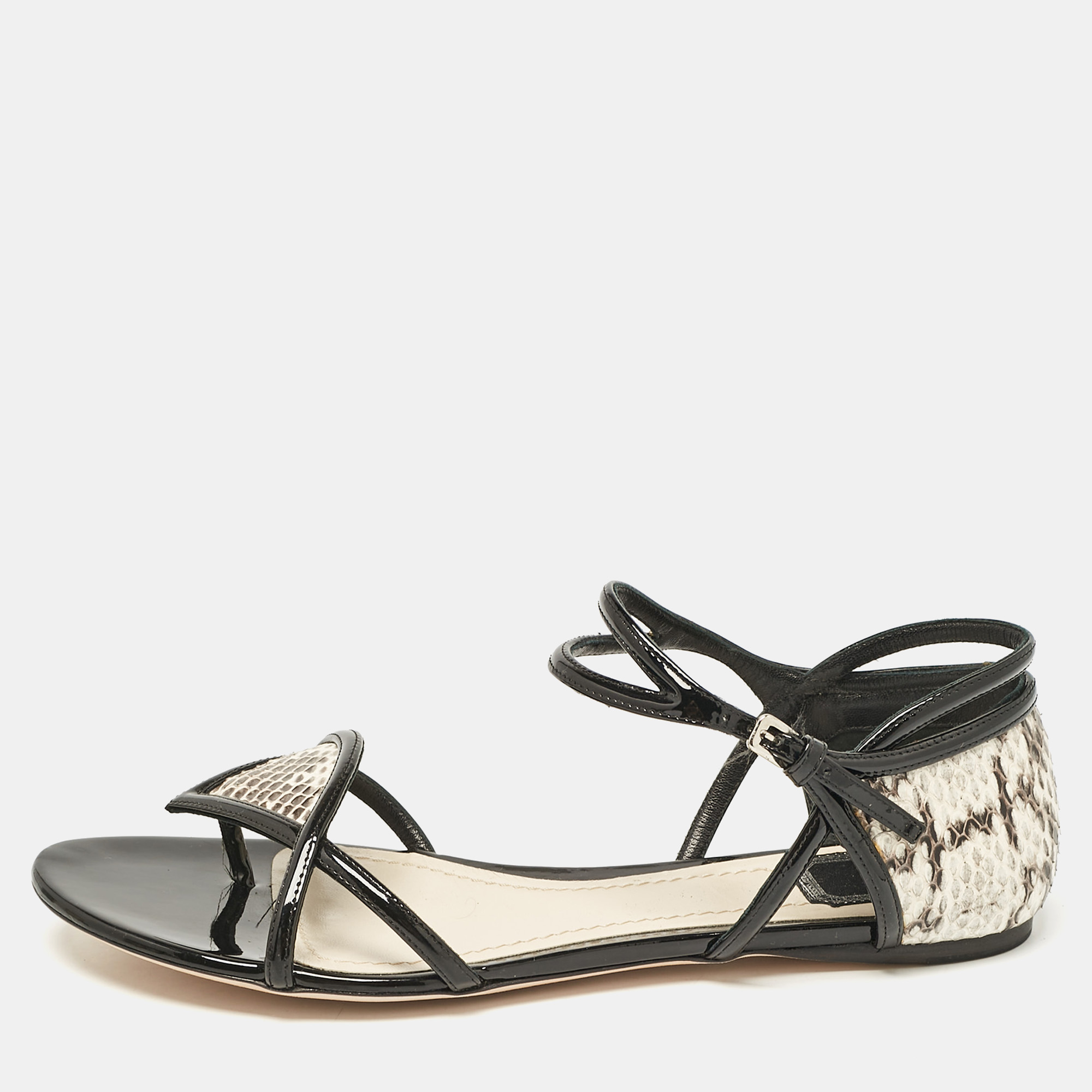 

Dior Beige/Black Python and Patent Leather Venus Flat Sandals Size