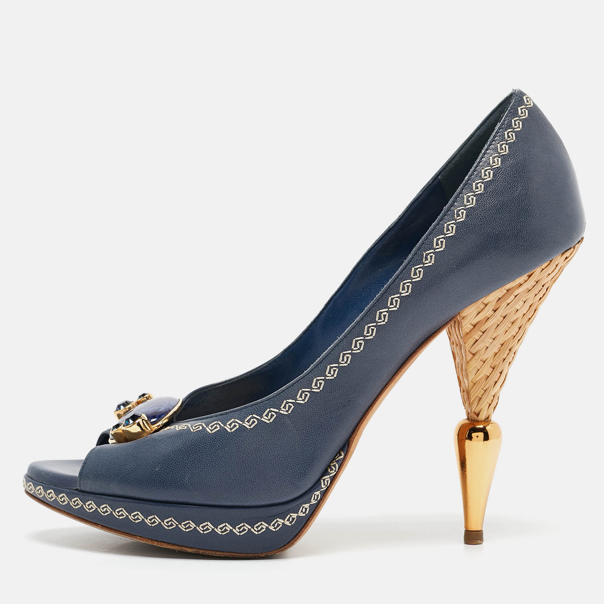 

Dior Navy Blue Leather Peep Toe Raffia Heel Pumps Size