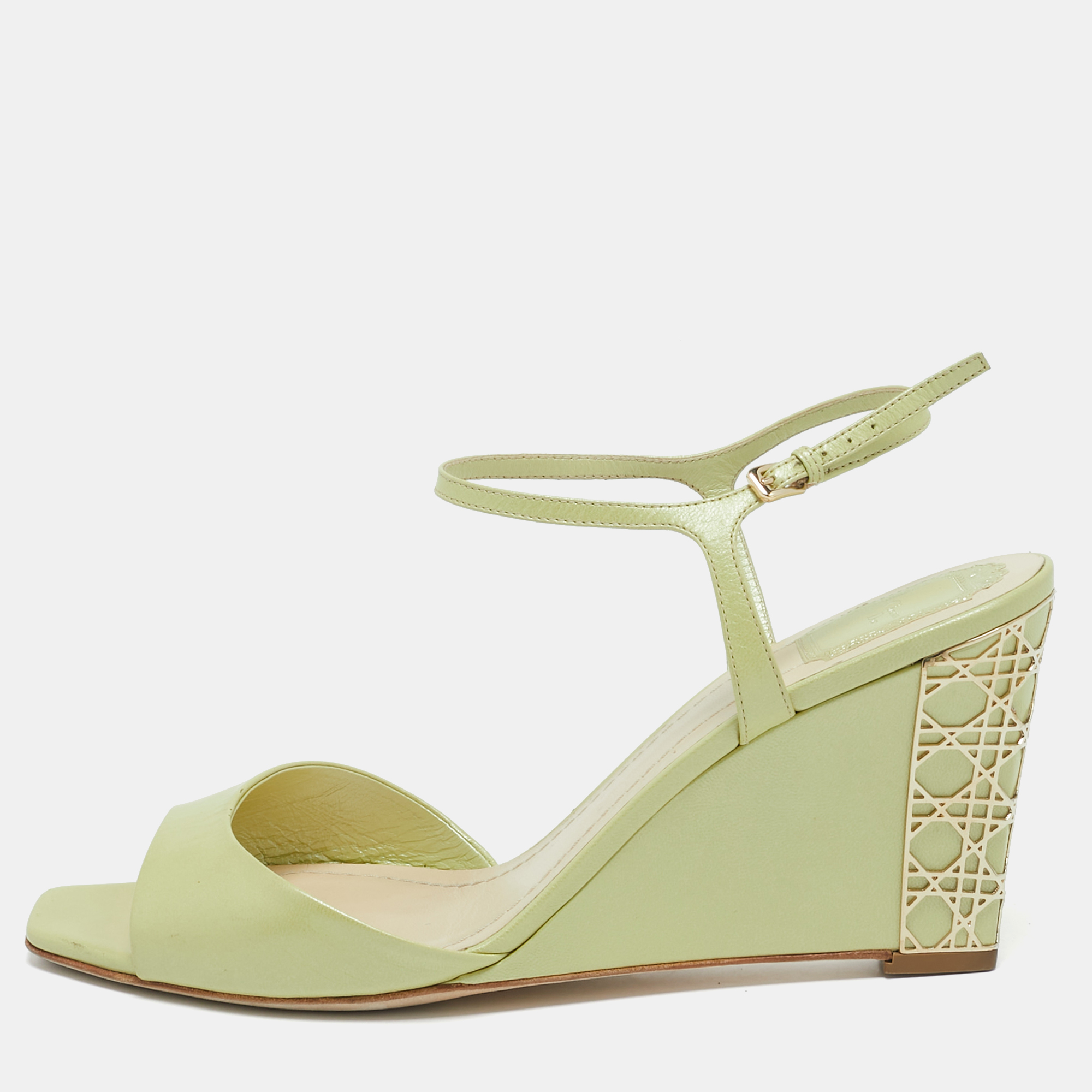 

Dior Light Green Leather Cannage Wedge Ankle Strap Sandals Size