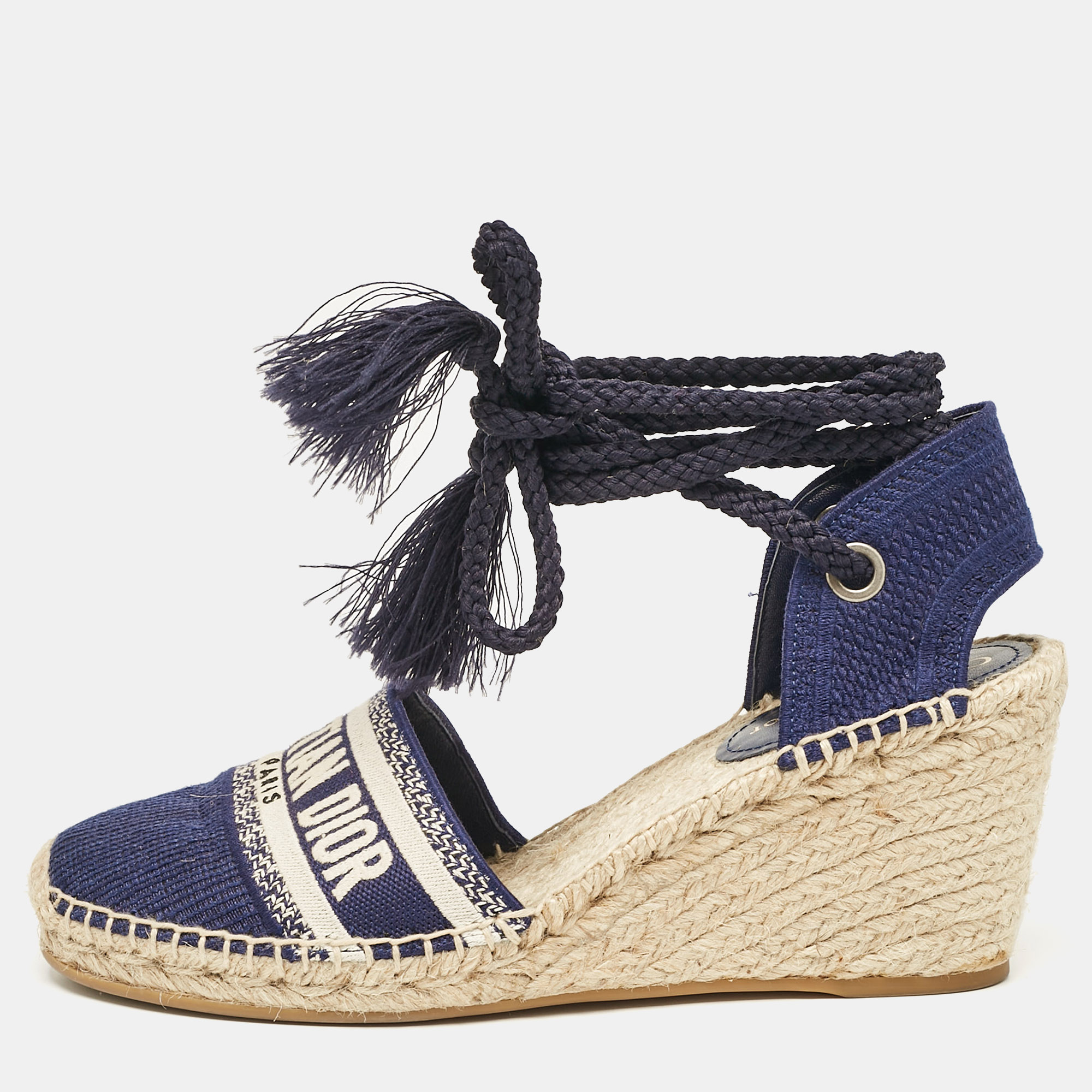 

Dior Navy Blue Canvas and Knit Fabric Granville Wedge Sandals Size